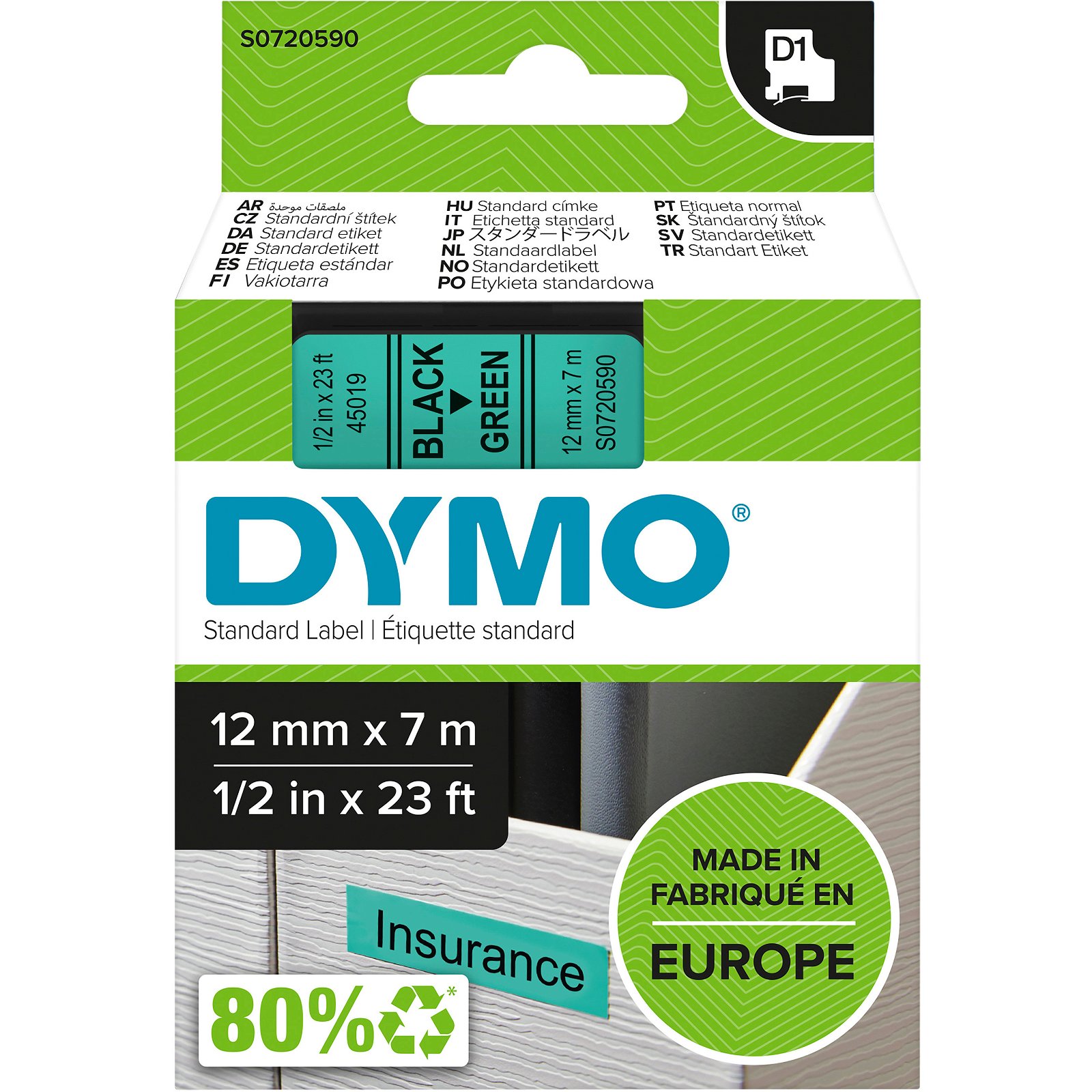 Dymo D1 standard tapekasette 12 mm sort;gron Polyester