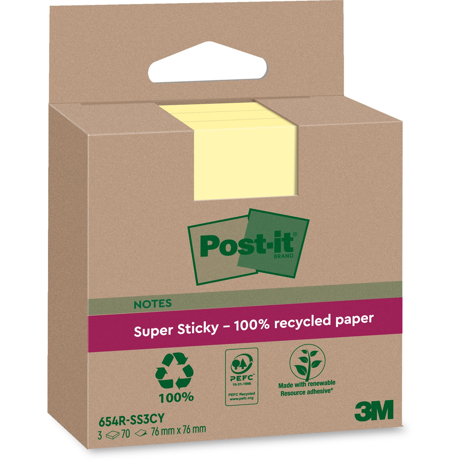 Post-it Super Sticky Recycled notesblok 76x76mm gul 3stk