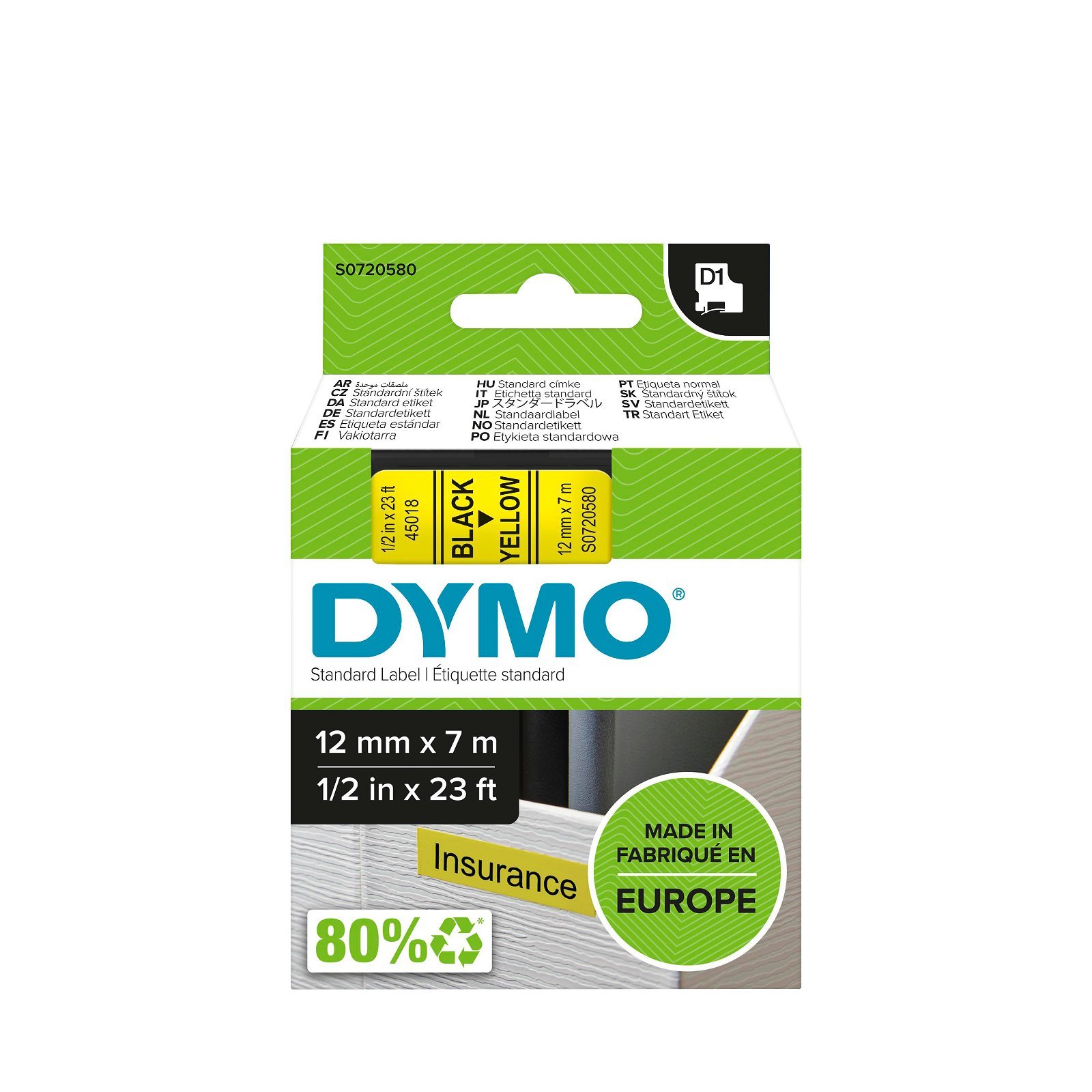 Dymo D1 standard tapekasette 12 mm sort;gul Polyester