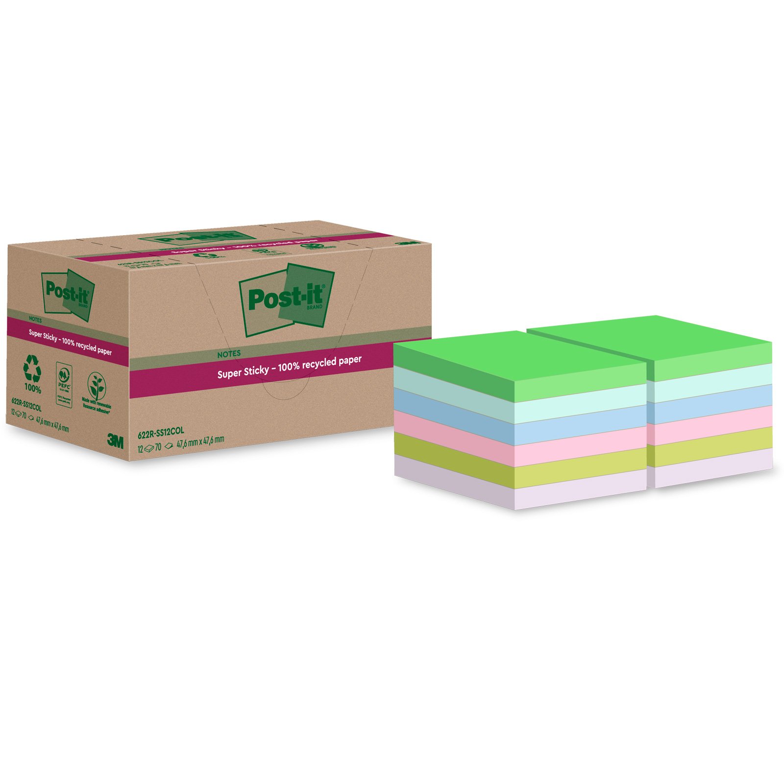 Post-it SS Recycled notes 47,6x47,6mm assorteret 12stk