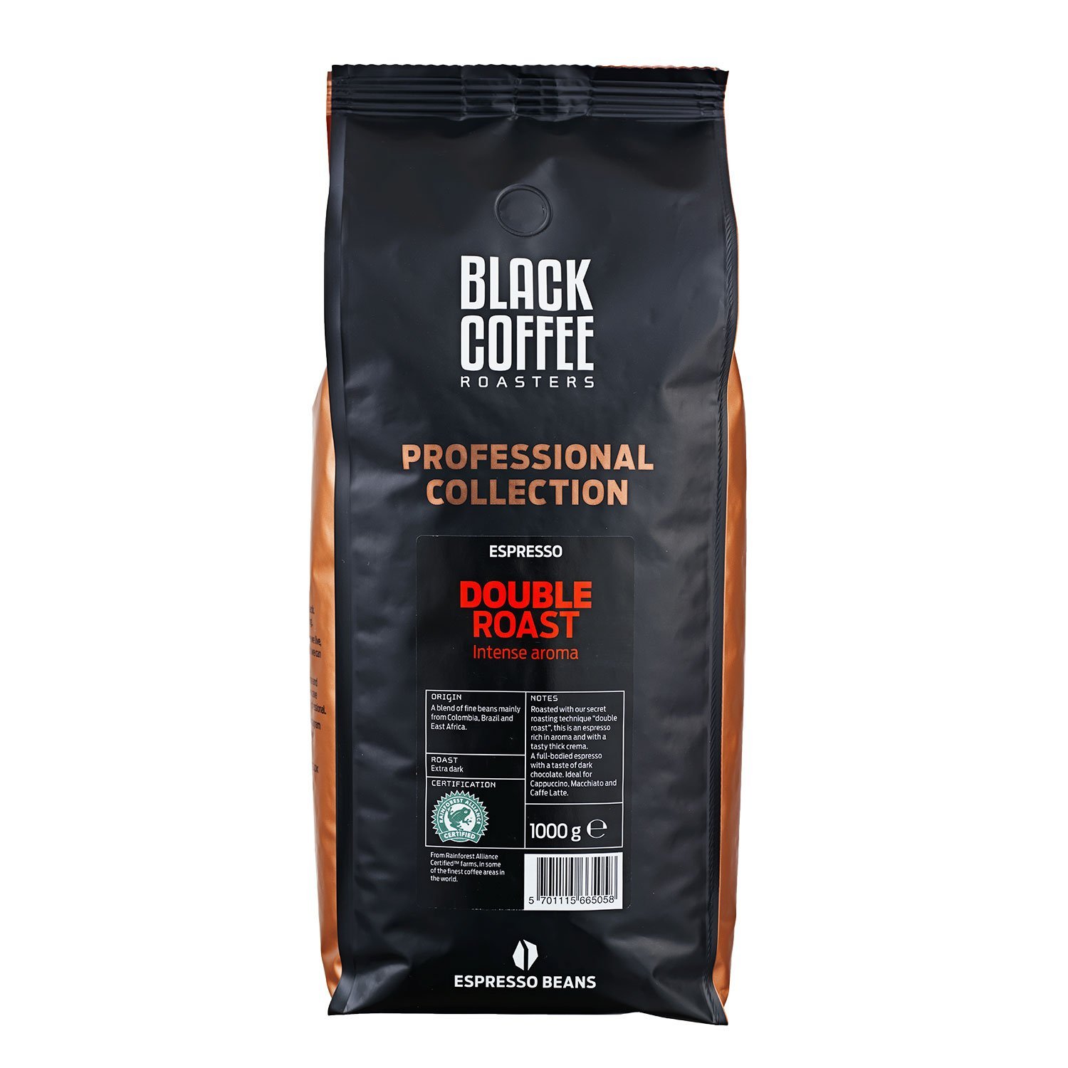 Black Coffee Roasters Double Roast Rainforest Alliance, hele bønner 1 kg