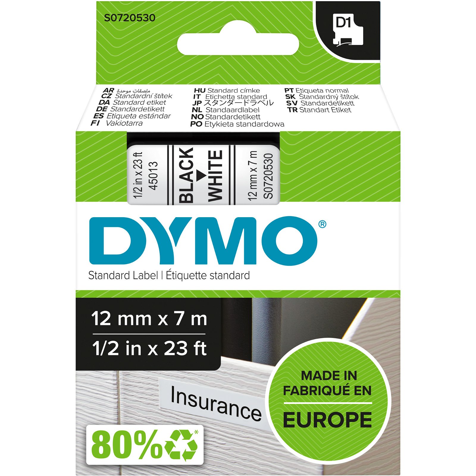 Dymo D1 standard tapekasette 12 mm sort;hvid Polyester