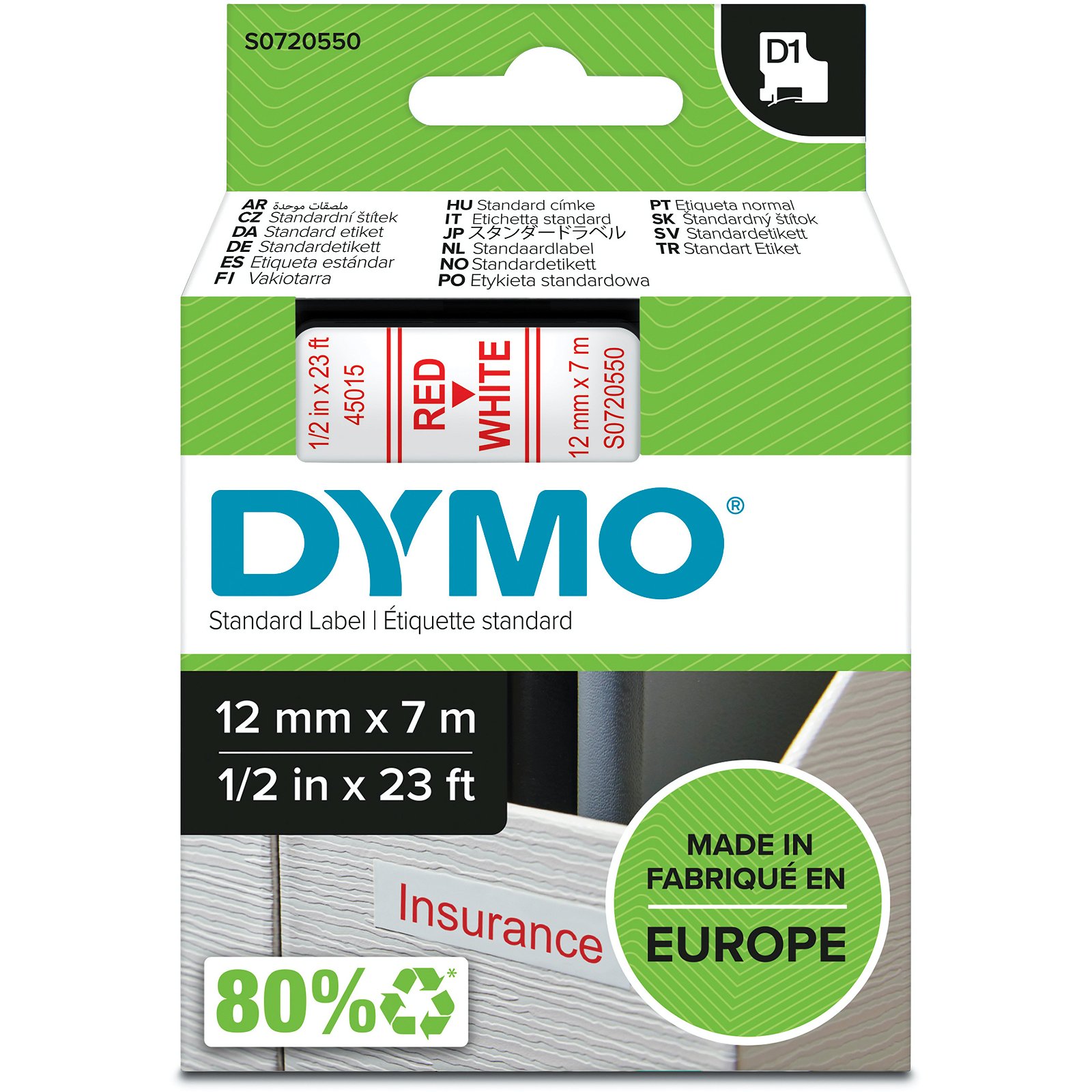 Dymo D1 standard tapekasette 12 mm rod;hvid Polyester