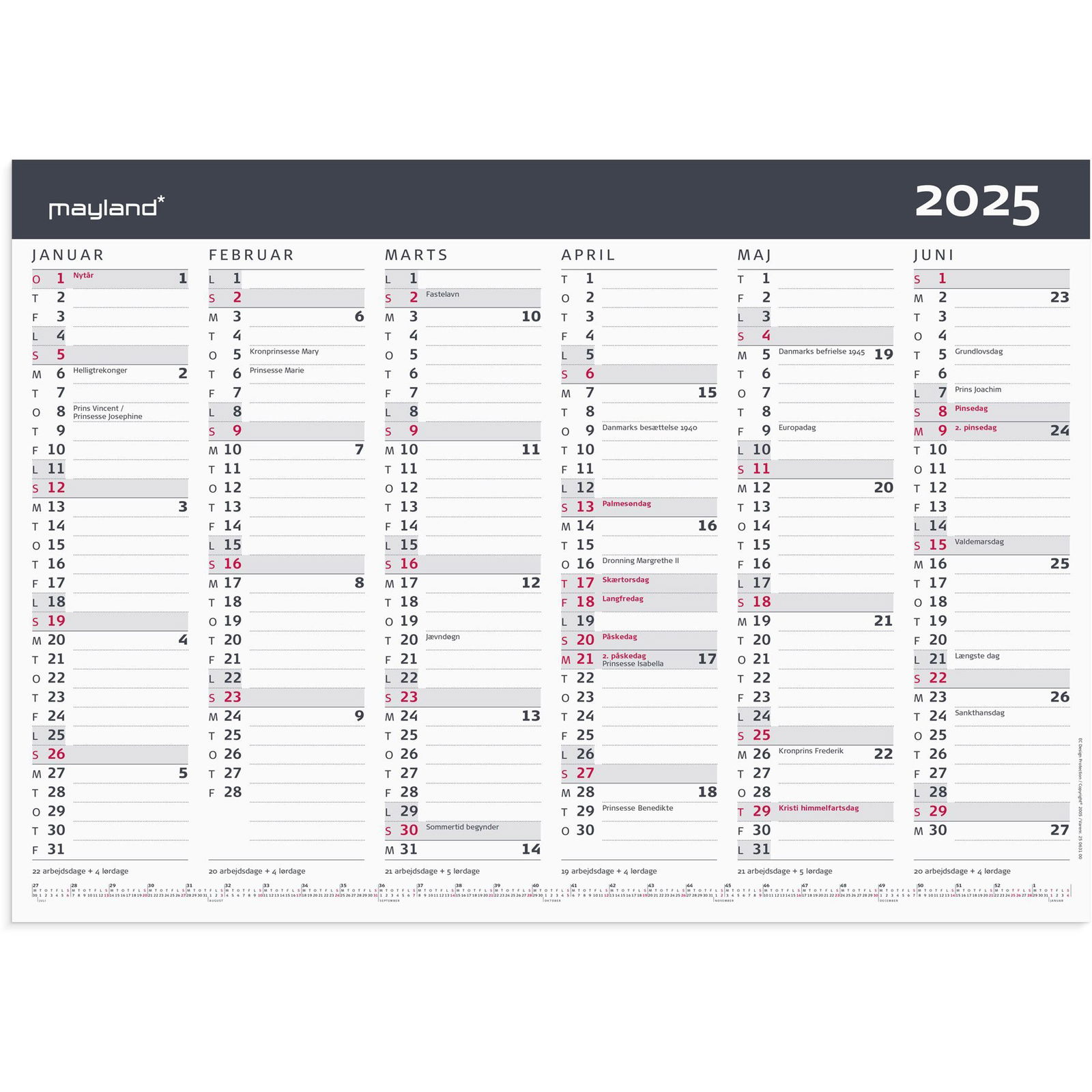 Mayland 2025 25063100 moderne vægkalender A3 29,6x42cm