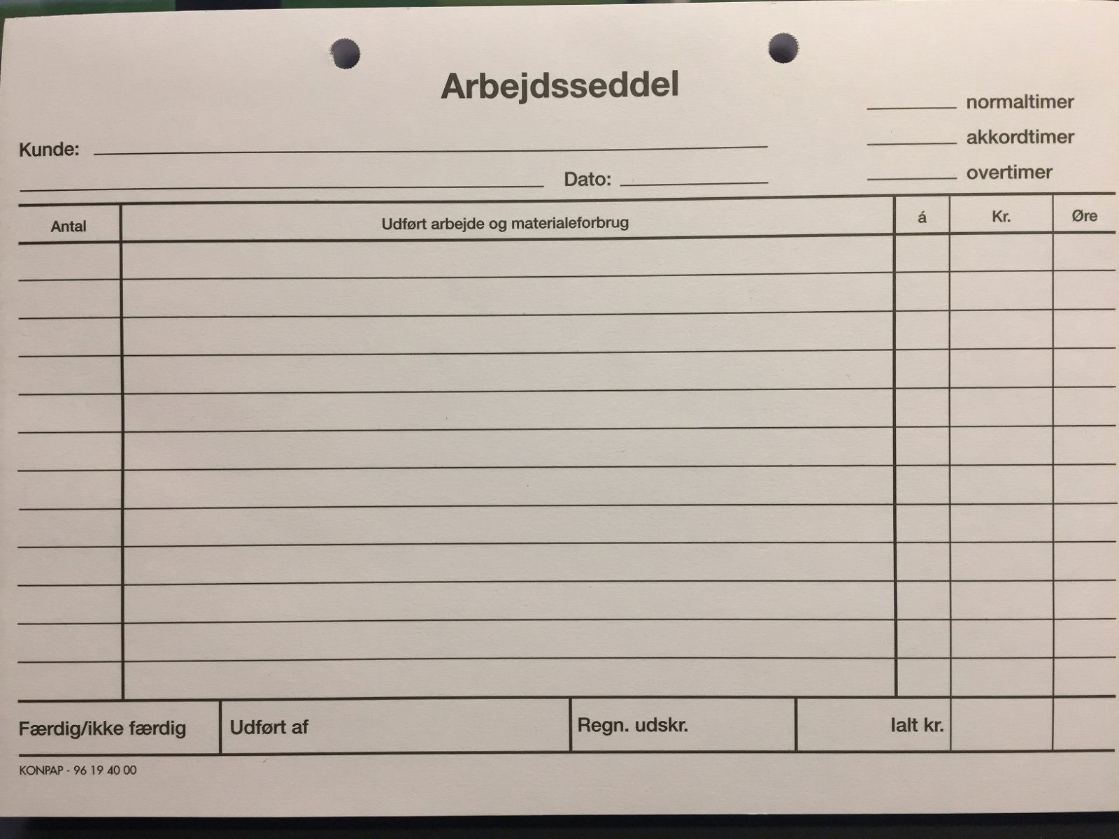 Arbejdssedler á 100 blade A5 tværformat