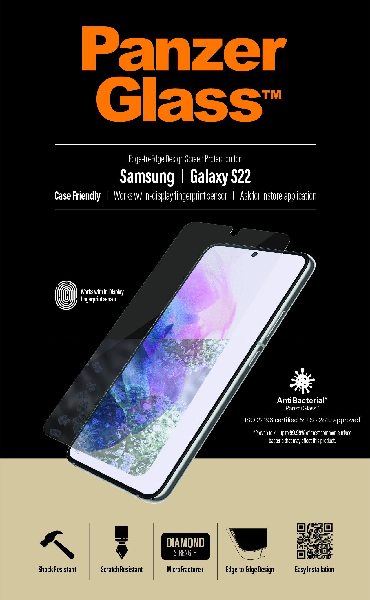 PanzerGlass Case Friendly beskyttelsesglas t/Samsung Galaxy S22 transparent