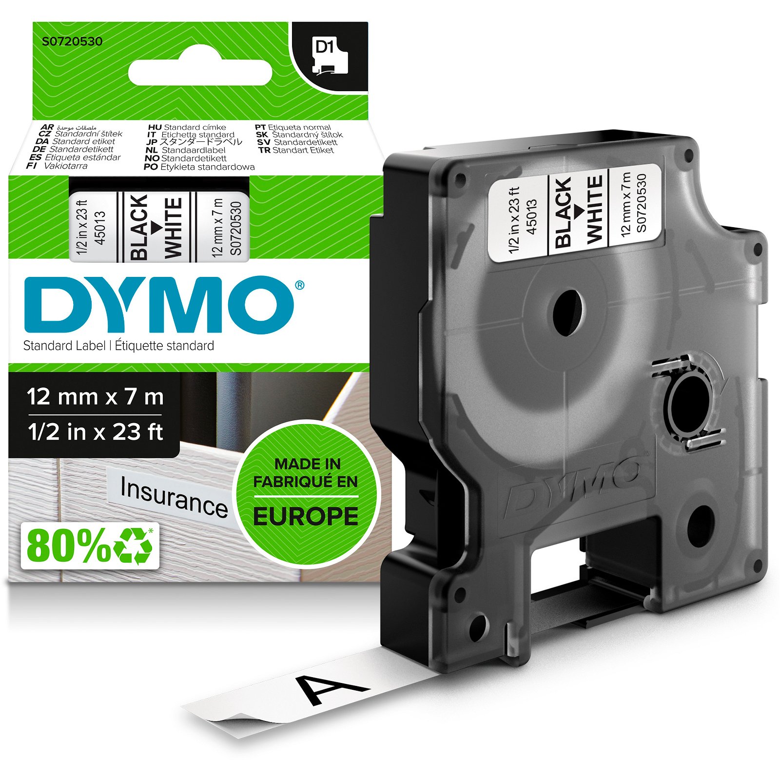 Dymo D1 standard tapekasette 12 mm sort;hvid Polyester