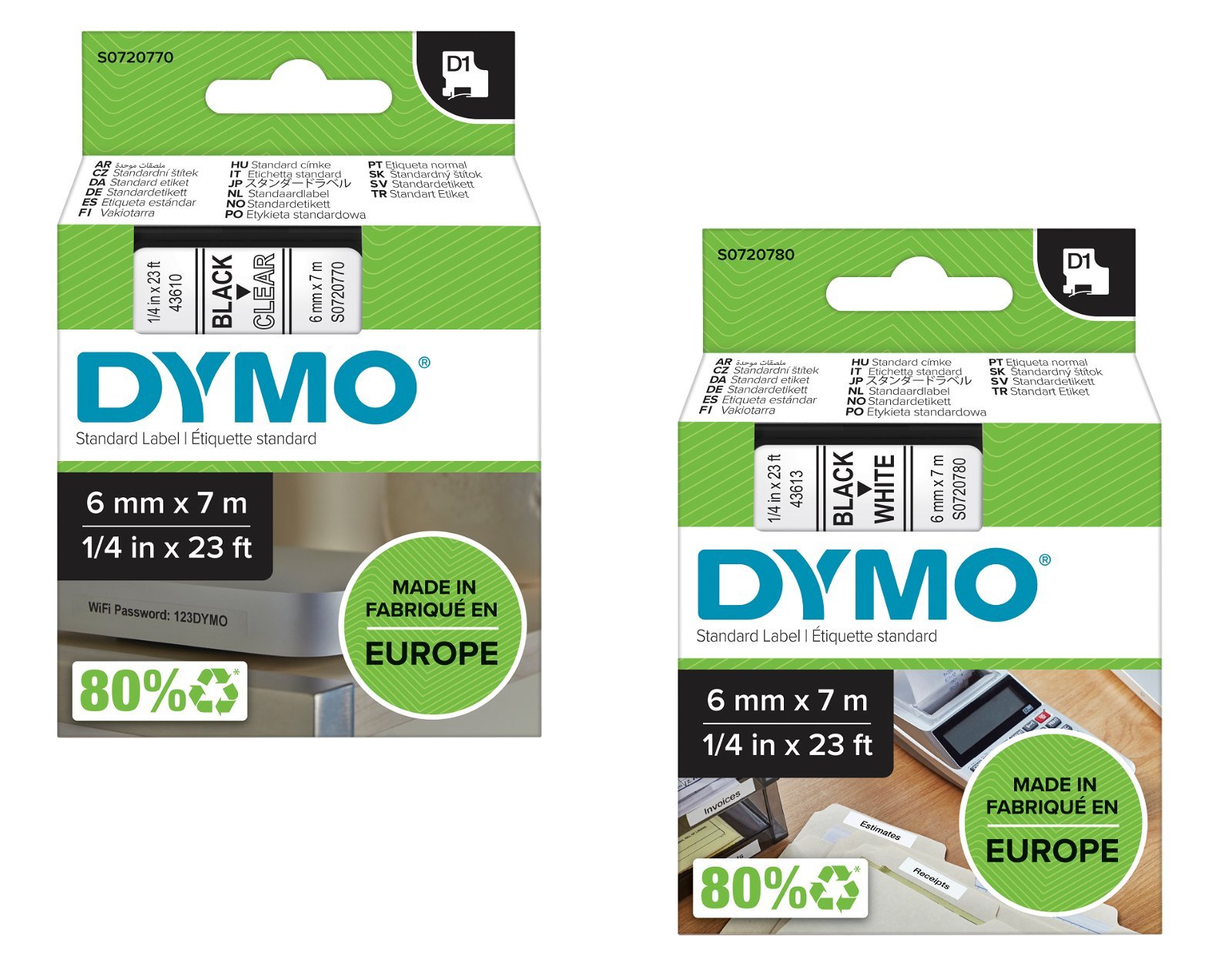 Dymo D1 standard tapekasette 6 mm sort;hvid Polyester