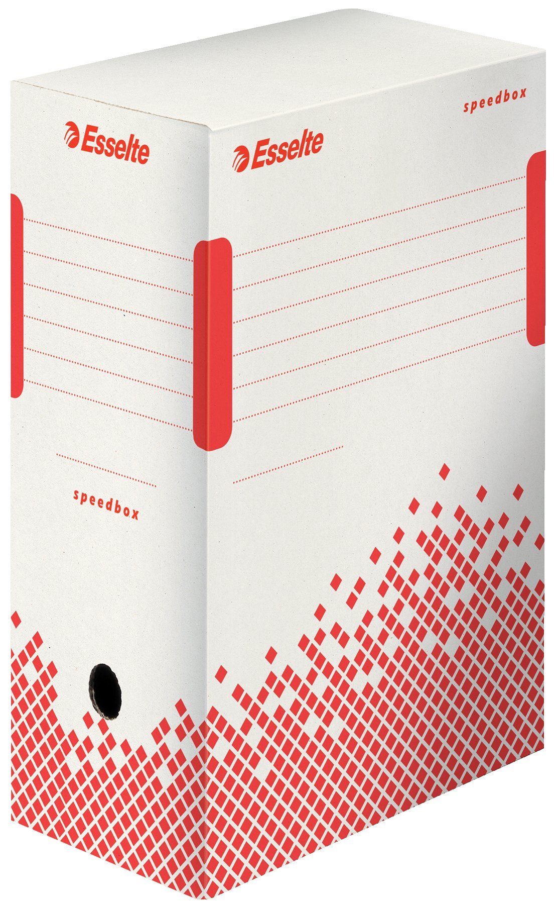 Esselte Speedbox arkivæske A4/Folio hvid;rod 100% recirkuleret bølgepap
