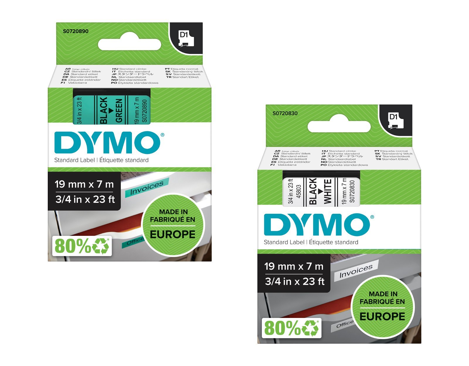 Dymo D1 standard tapekasette 19 mm sort;klar Polyester