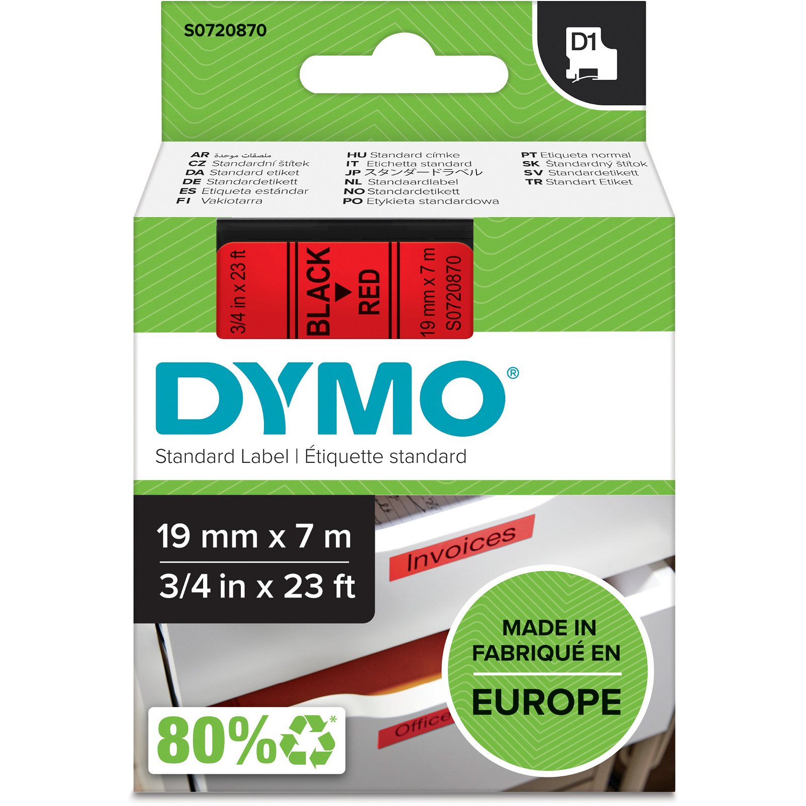 Dymo D1 standard tapekasette 19 mm sort;rod Polyester
