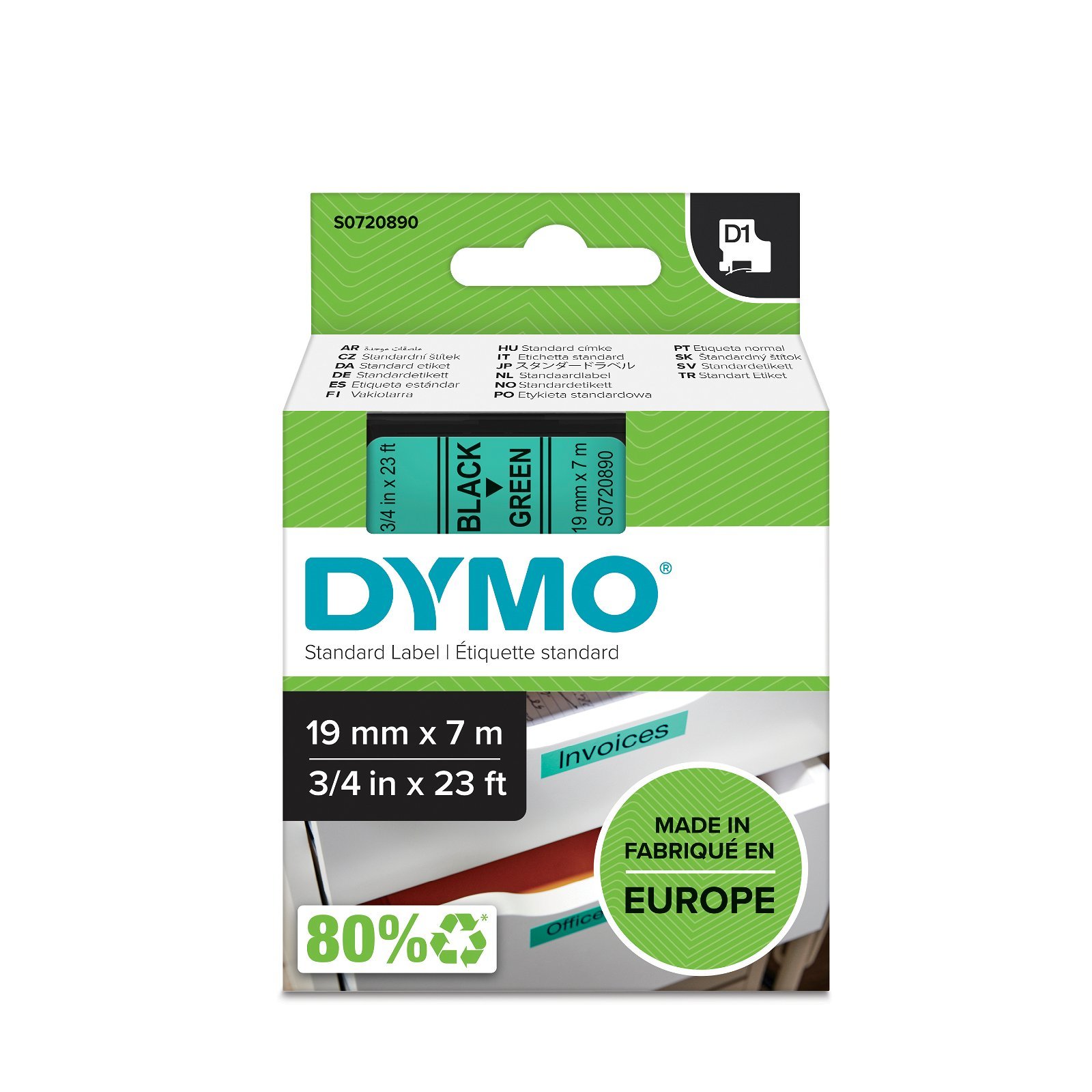 Dymo D1 standard tapekasette 19 mm sort;gron Polyester