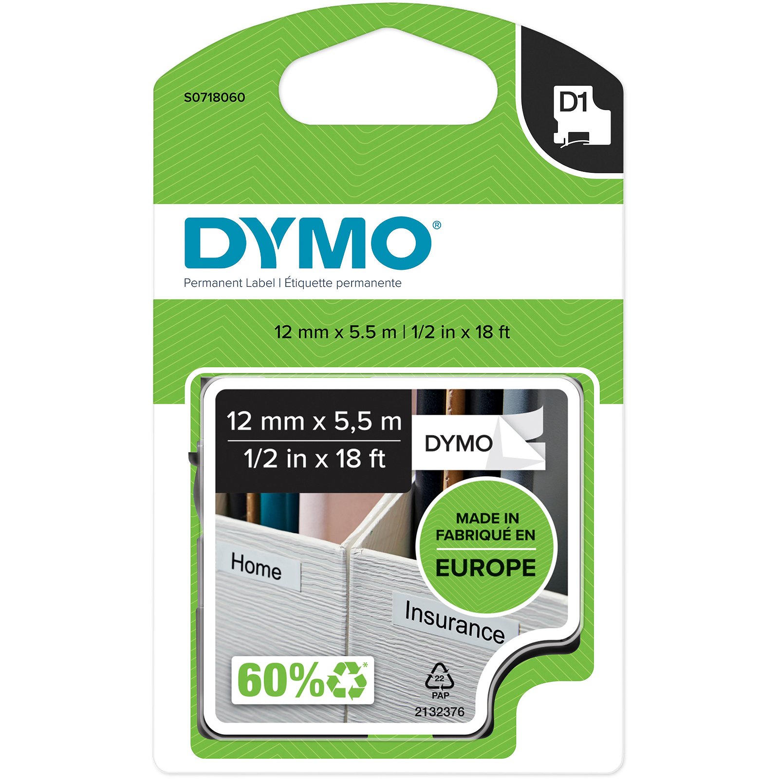 Dymo D1 permanent polyester tape S0718060 sort;hvid 12 mm x 5.5 m