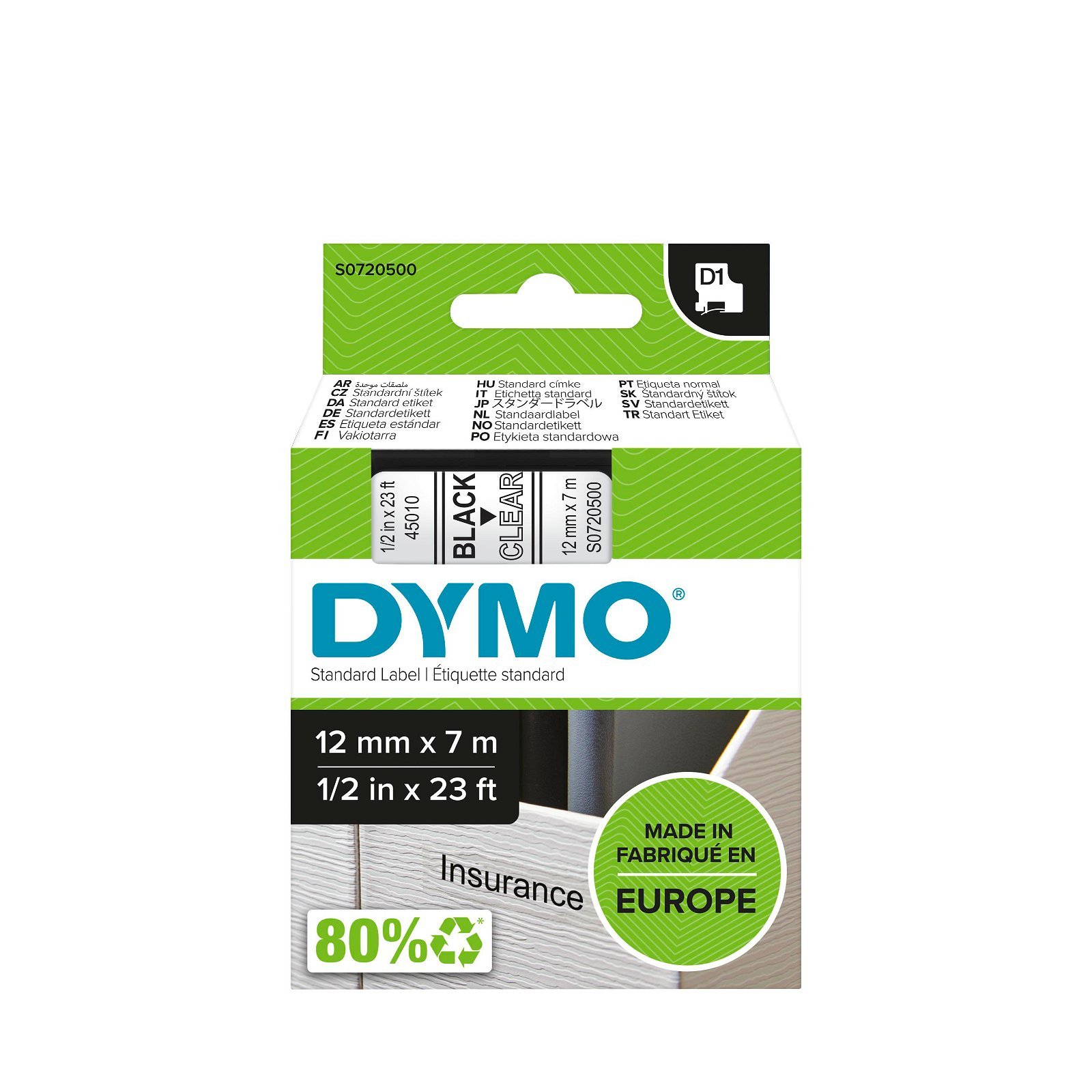 Dymo D1 standard tapekasette 12 mm sort;klar Polyester