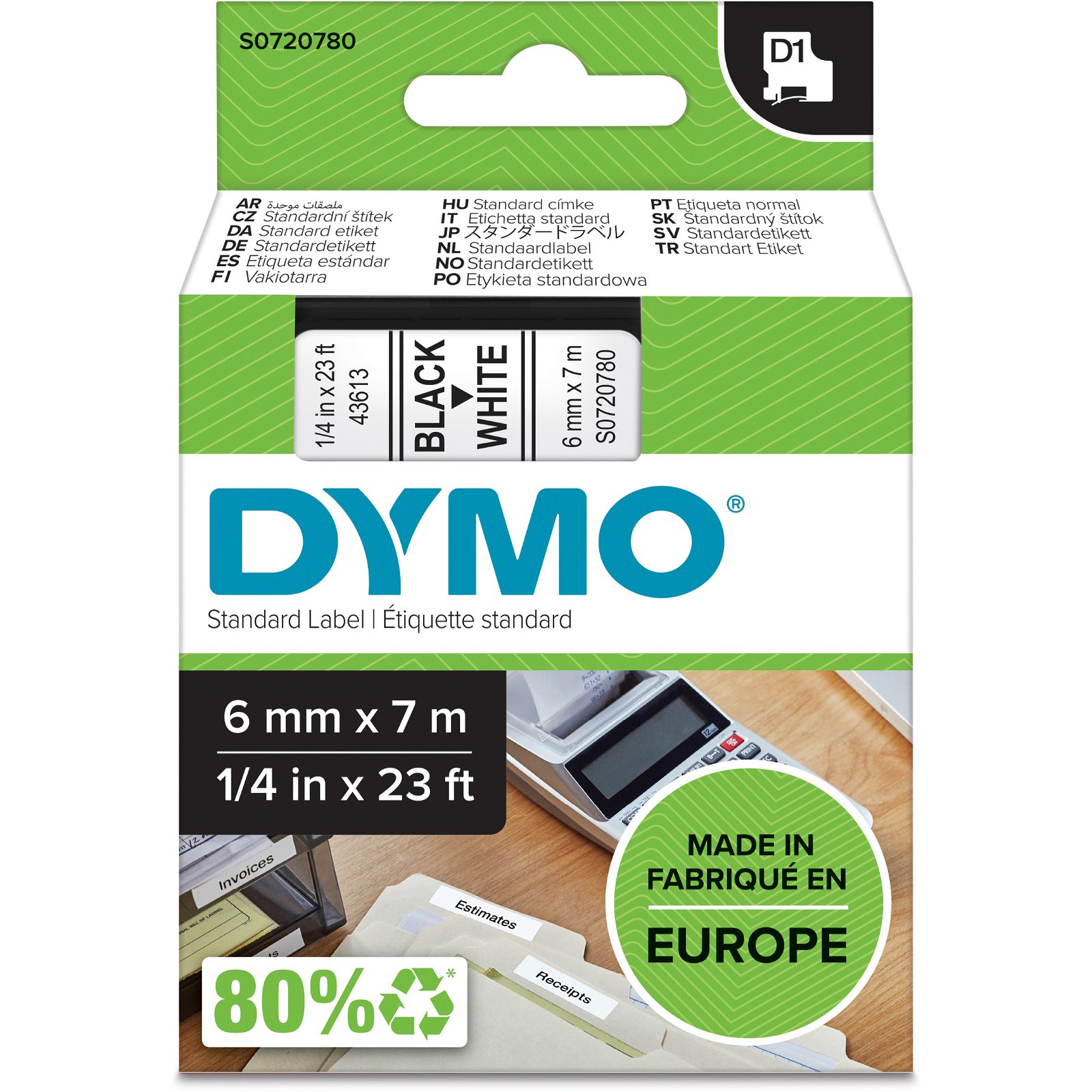 Dymo D1 standard tapekasette 6 mm sort;hvid Polyester