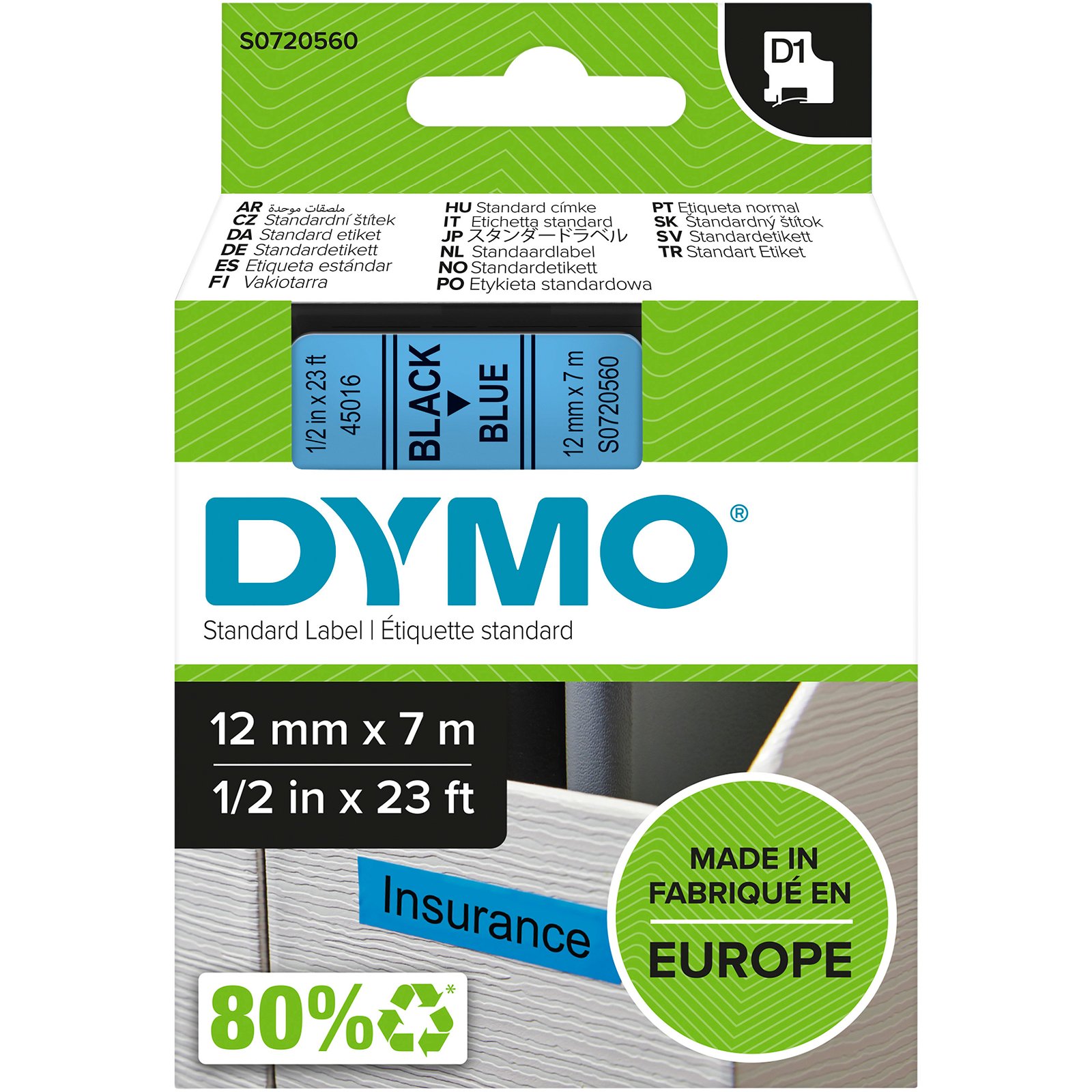 Dymo D1 standard tapekasette 12 mm sort;bla Polyester