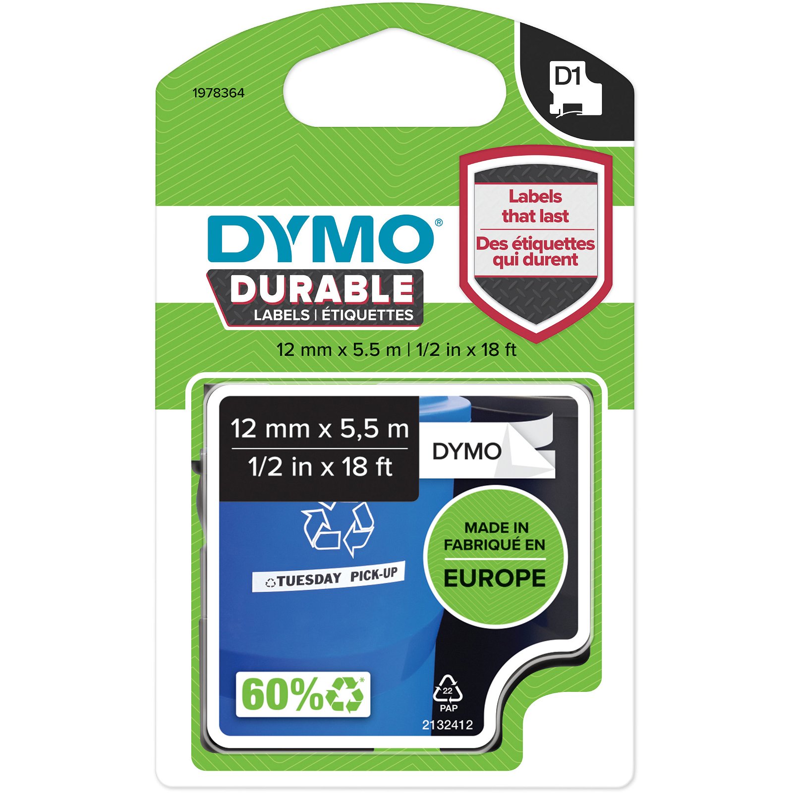 Dymo D1 Durable tape 1978364 sort;hvid 12 mm x 5.5 m