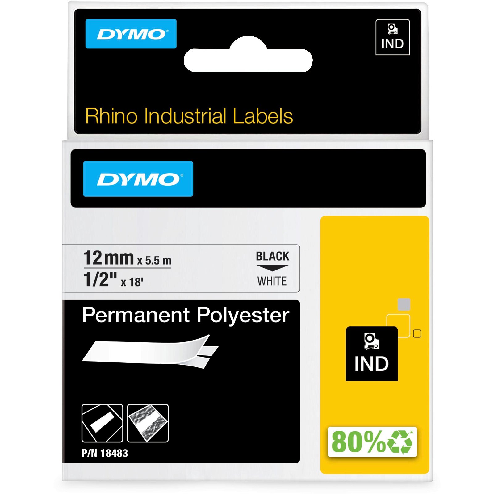 Dymo Rhino permanent polyester tape 18483 sort;hvid 12 mm x 5.5 m