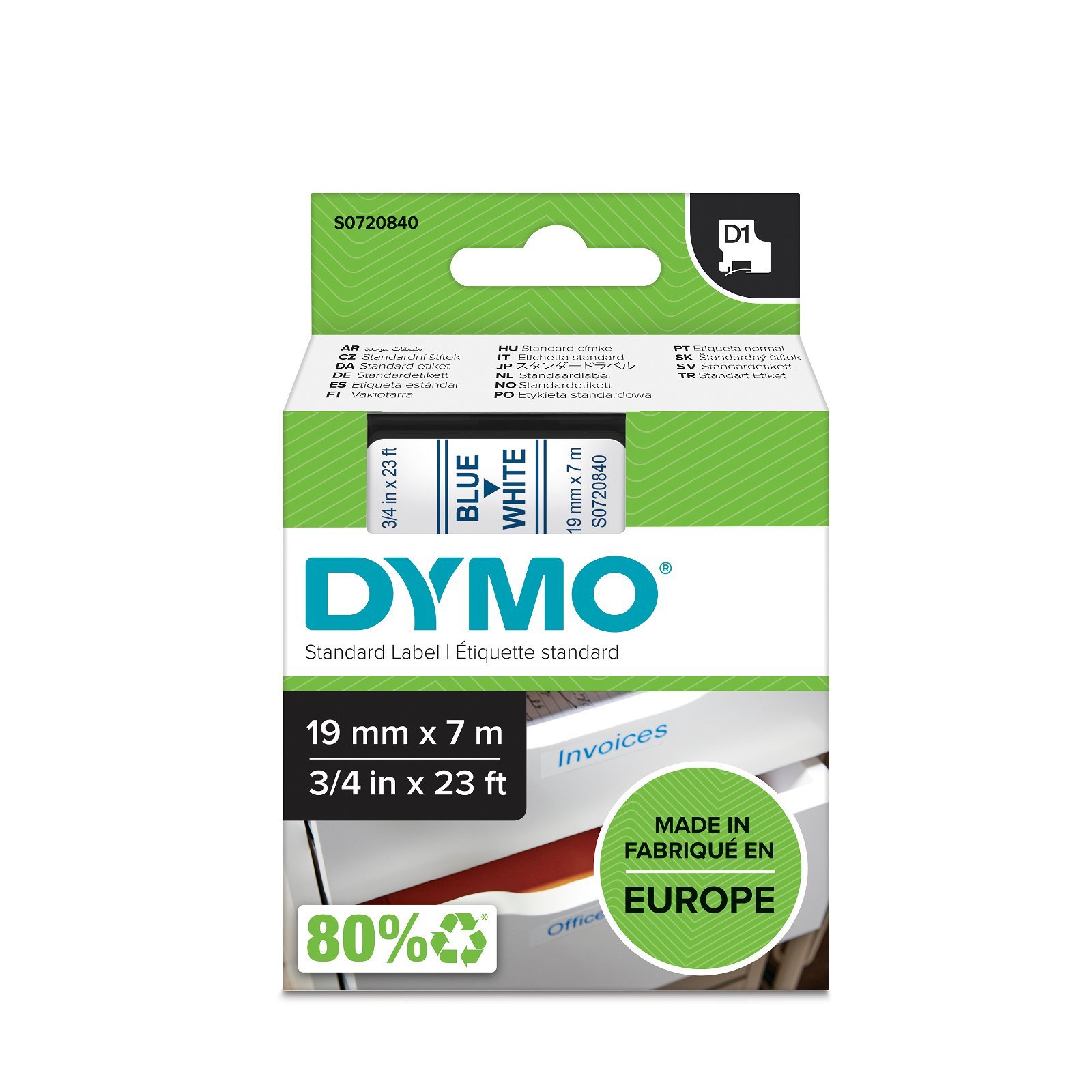 Dymo D1 standard tapekasette 19 mm bla;hvid Polyester