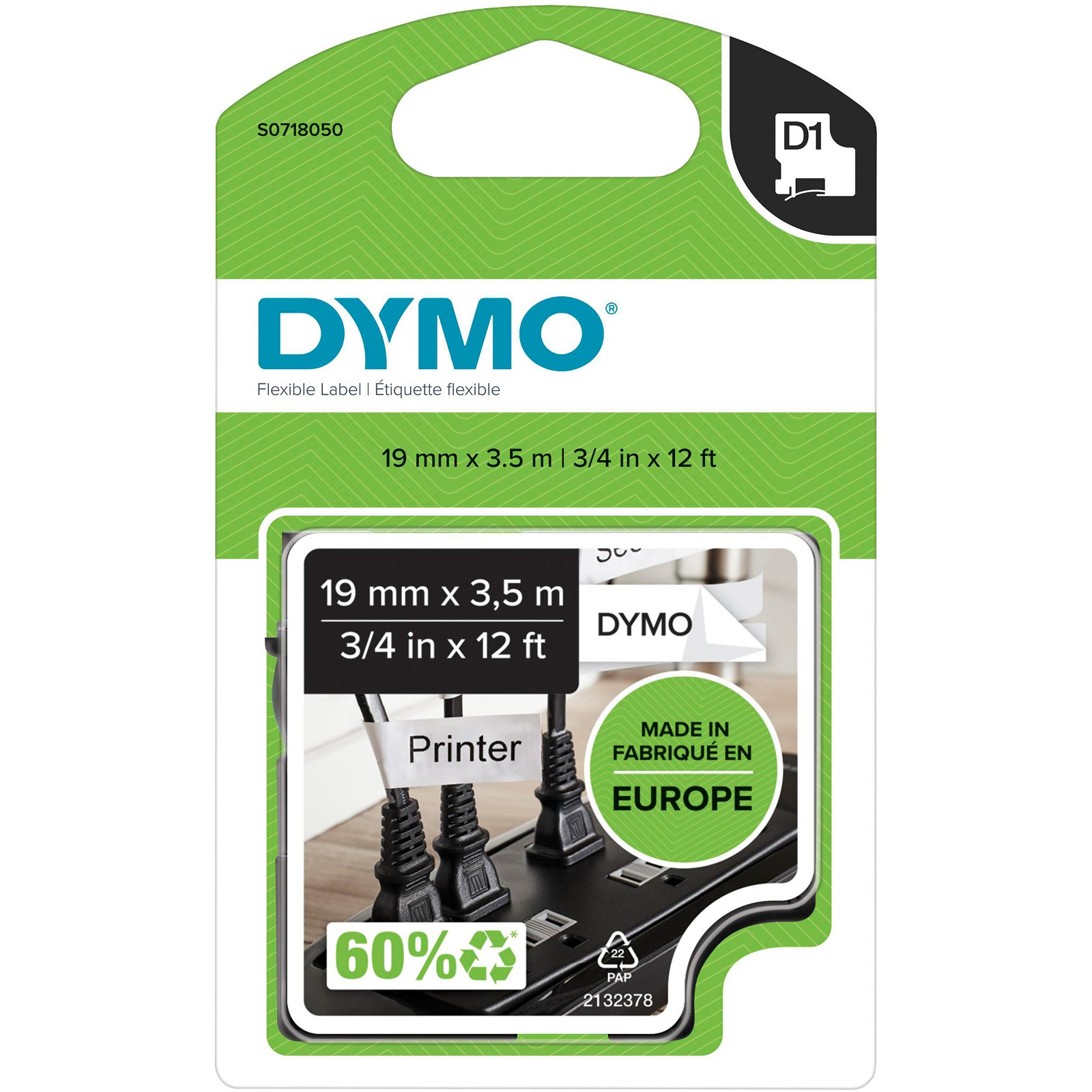 Dymo D1 Durable polyester tape S0718050 sort;hvid 19 mm x 3.5 m