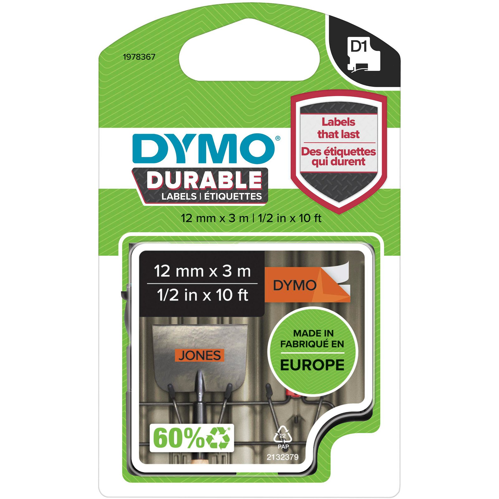 Dymo D1 Durable tape 1978367 sort;orange 12 mm x 3 m