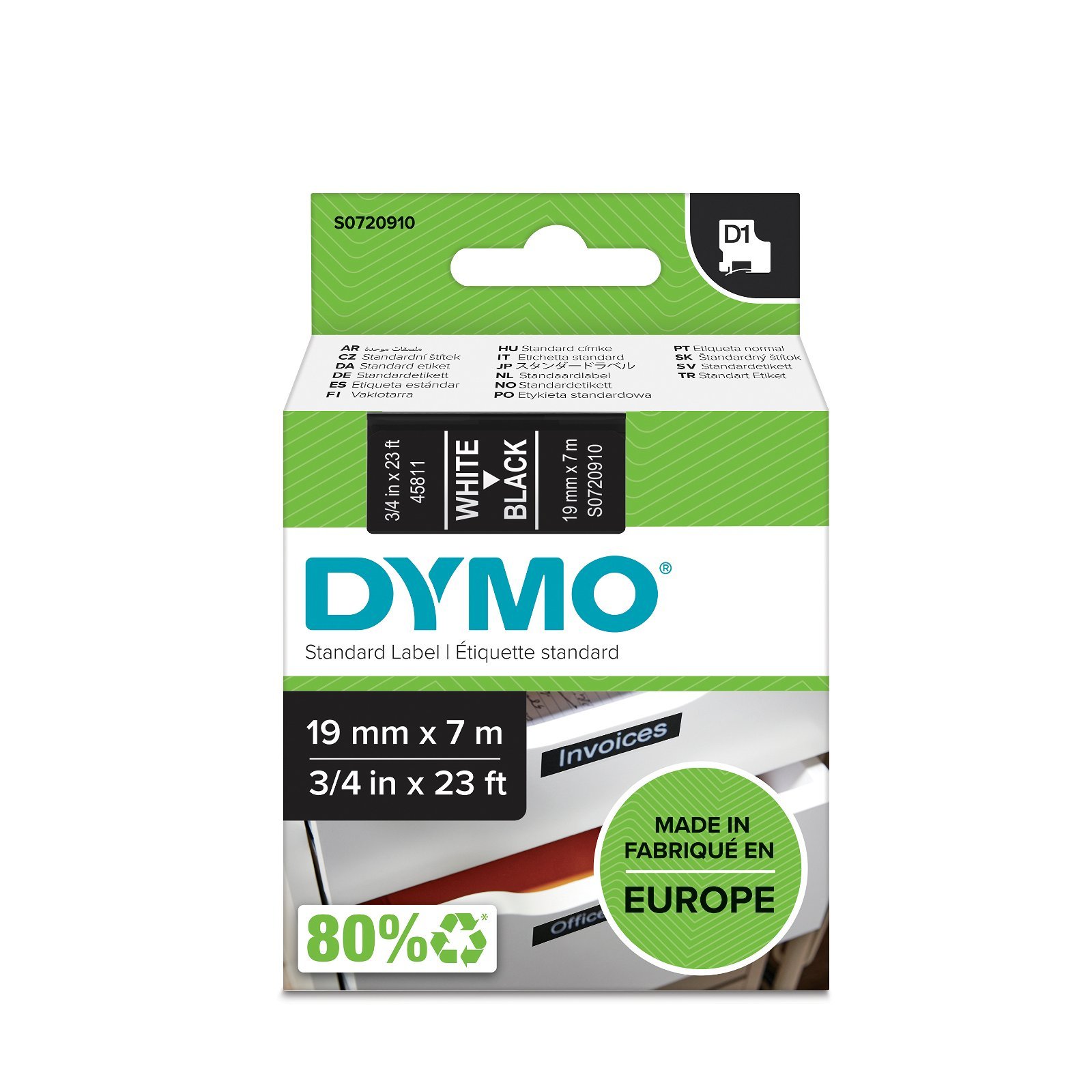 Dymo D1 standard tapekasette 19 mm hvid;sort Polyester