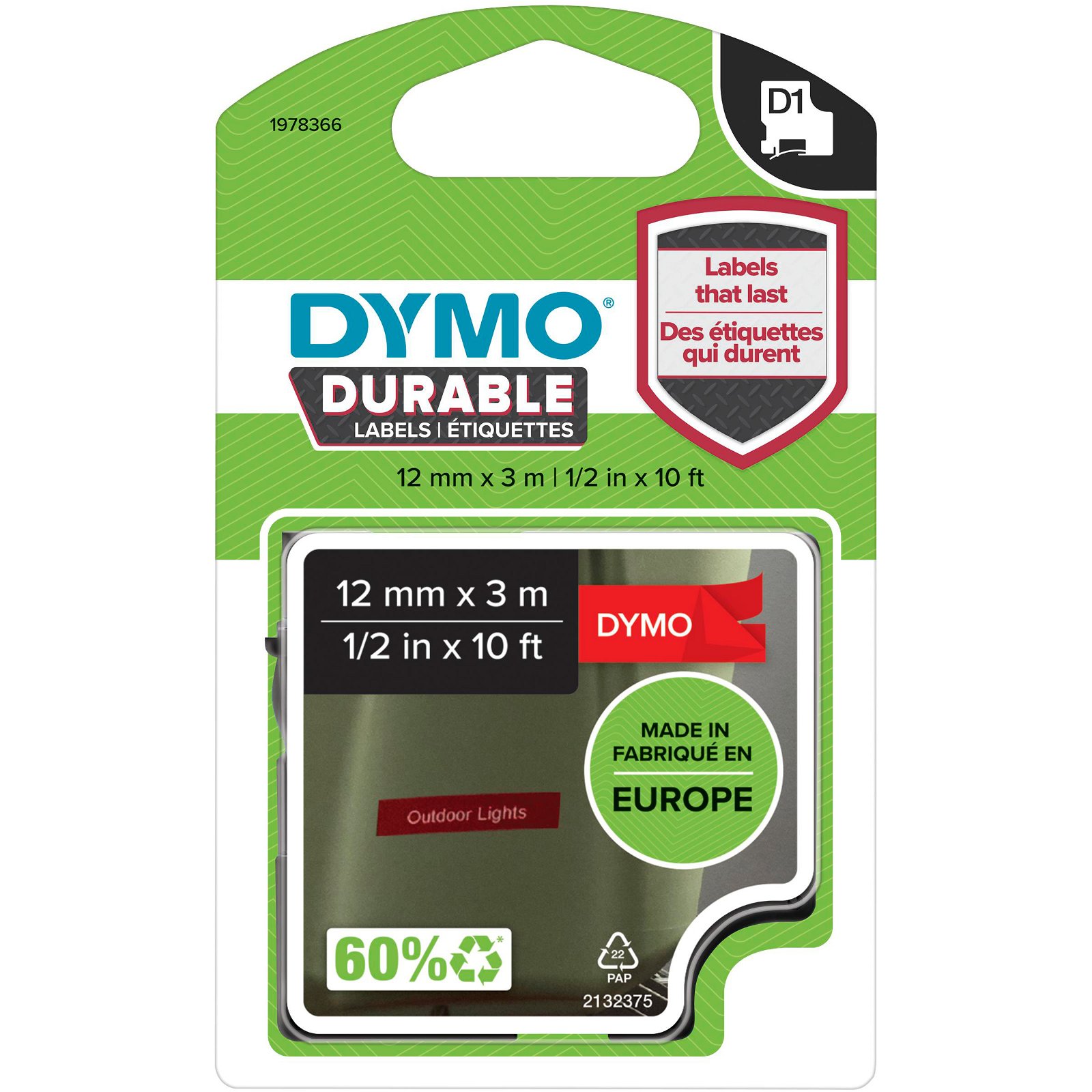 Dymo D1 Durable tape 1978366 hvid;rod 12 mm x 3 m
