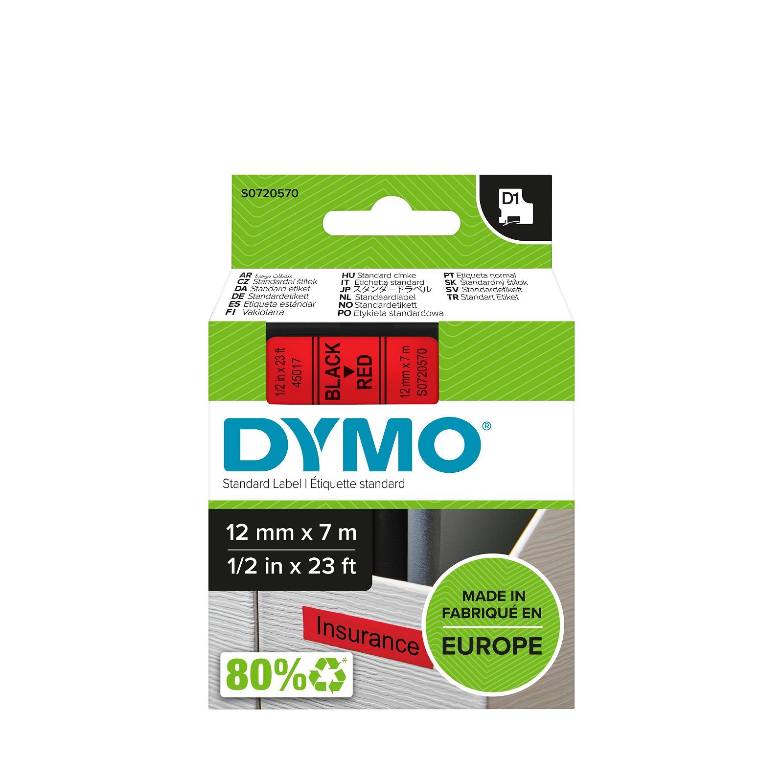 Dymo D1 standard tapekasette 12 mm sort;rod Polyester