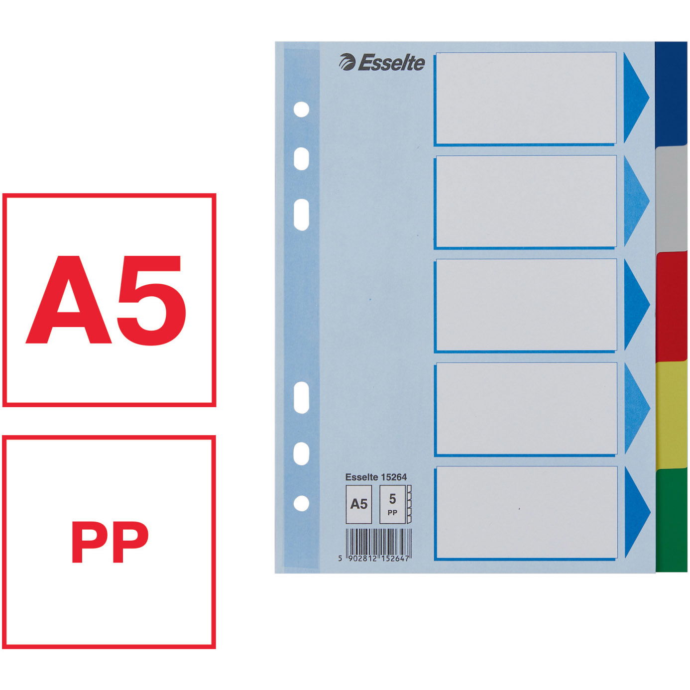 Esselte faneblade A5 med 5 faner i farver