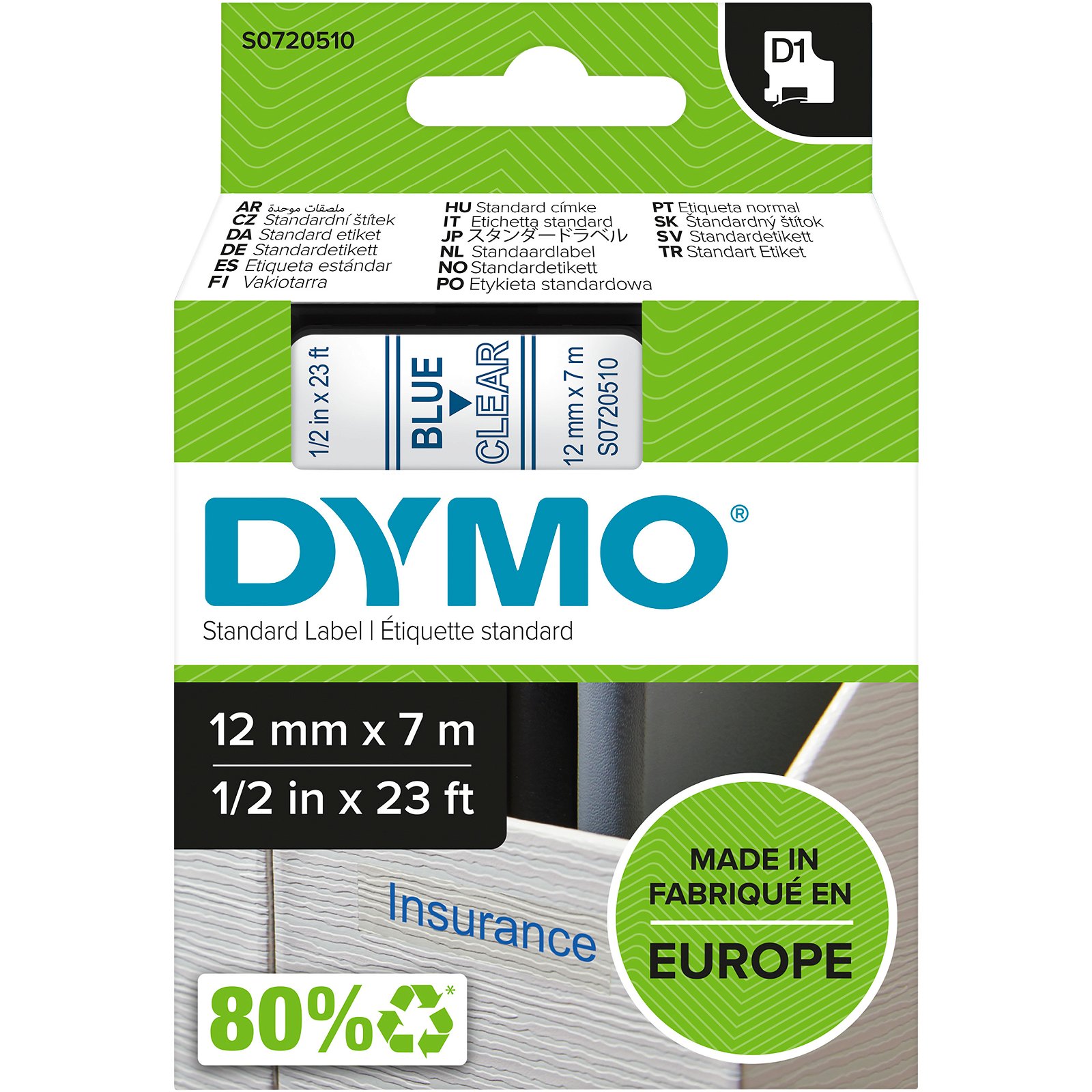 Dymo D1 standard tapekasette 12 mm bla;klar Polyester
