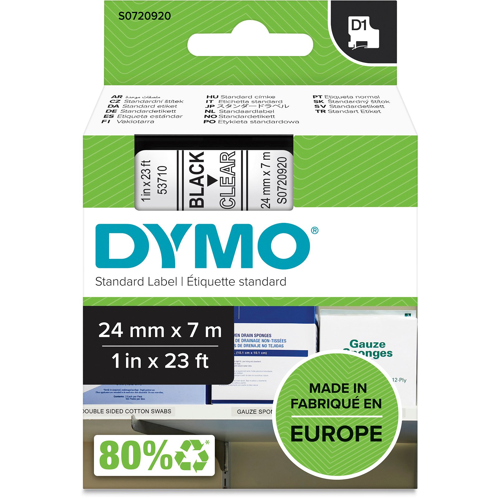 Dymo D1 standard tapekasette 24 mm sort;klar Polyester