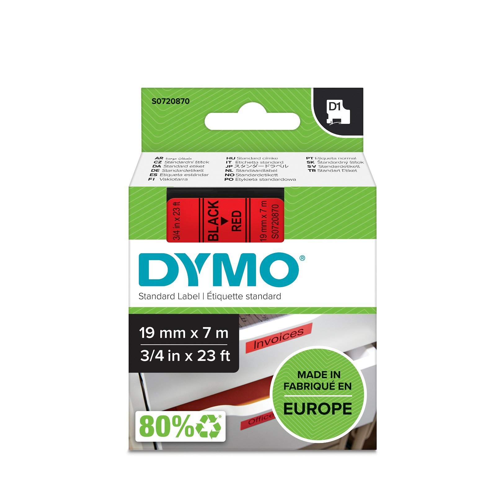 Dymo D1 standard tapekasette 19 mm sort;rod Polyester