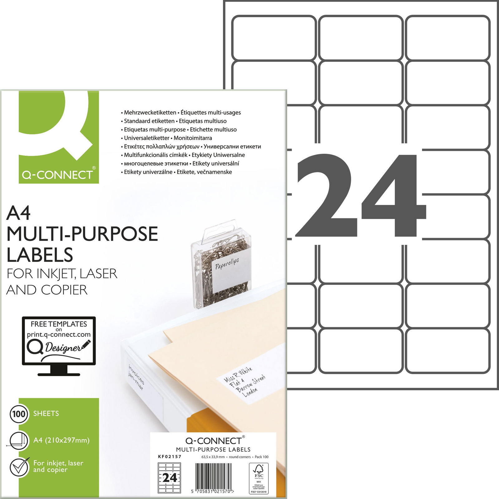 Q-connect multietiketter A4 33,9x63,5mm hvid