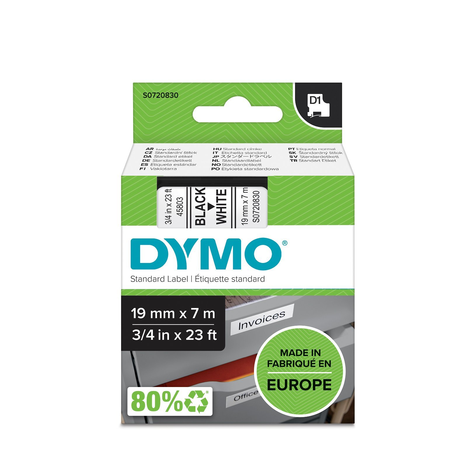 Dymo D1 standard tapekasette 19 mm sort;hvid Polyester