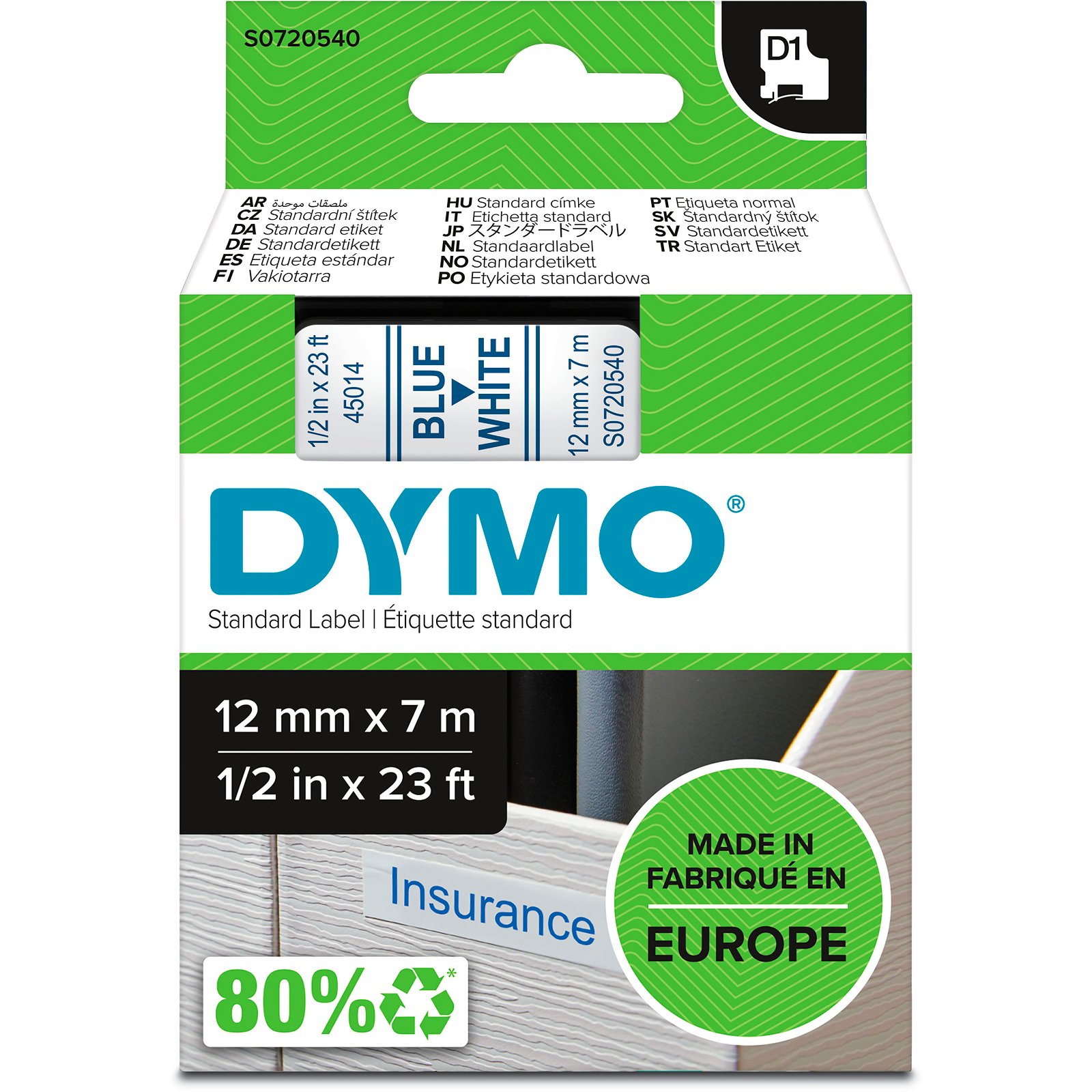 Dymo D1 standard tapekasette 12 mm bla;hvid Polyester
