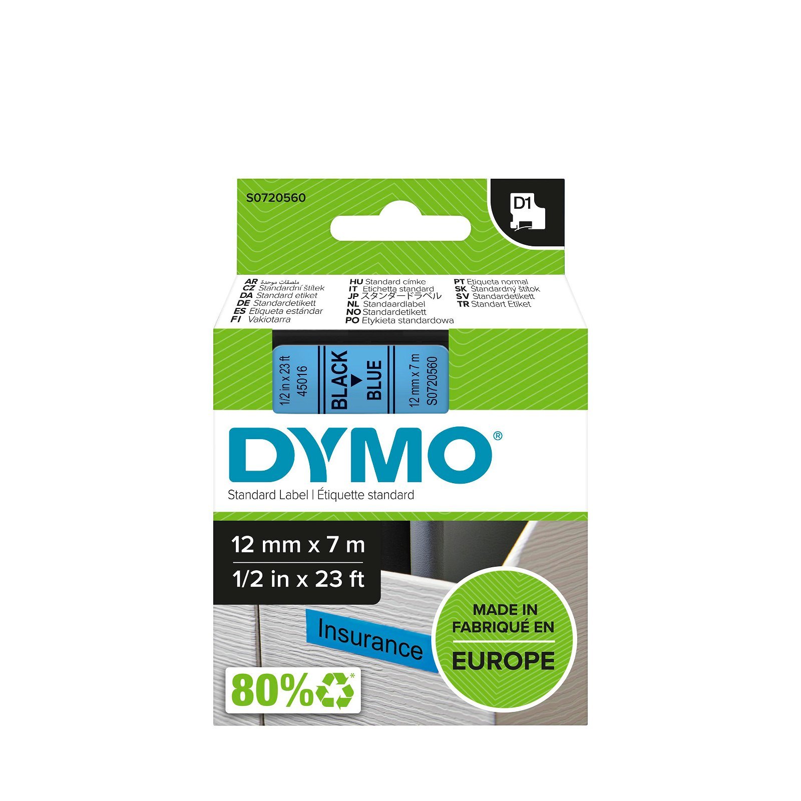 Dymo D1 standard tapekasette 12 mm sort;bla Polyester