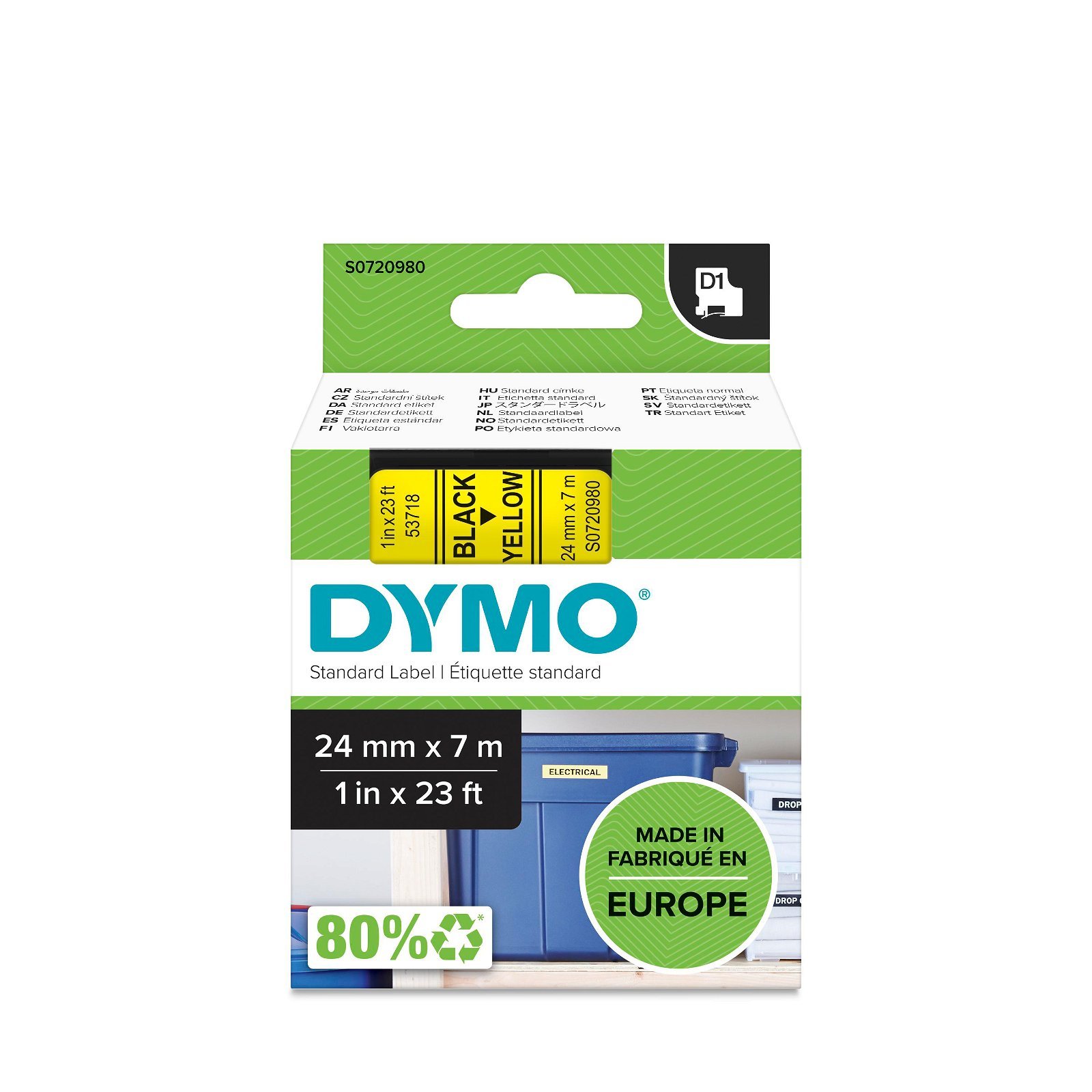 Dymo D1 standard tapekasette 24 mm sort;gul Polyester