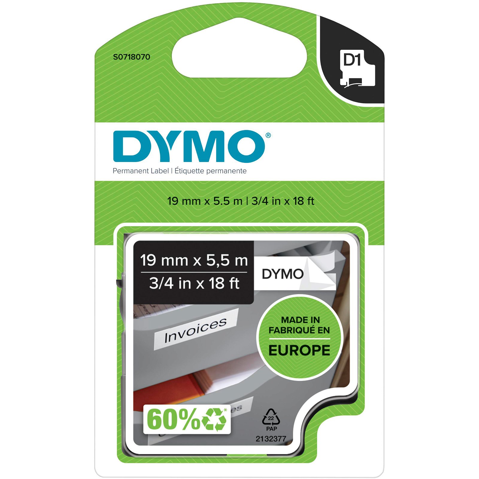 Dymo D1 permanent nylon tape S0718070 sort;hvid 19 mm x 5.5 m