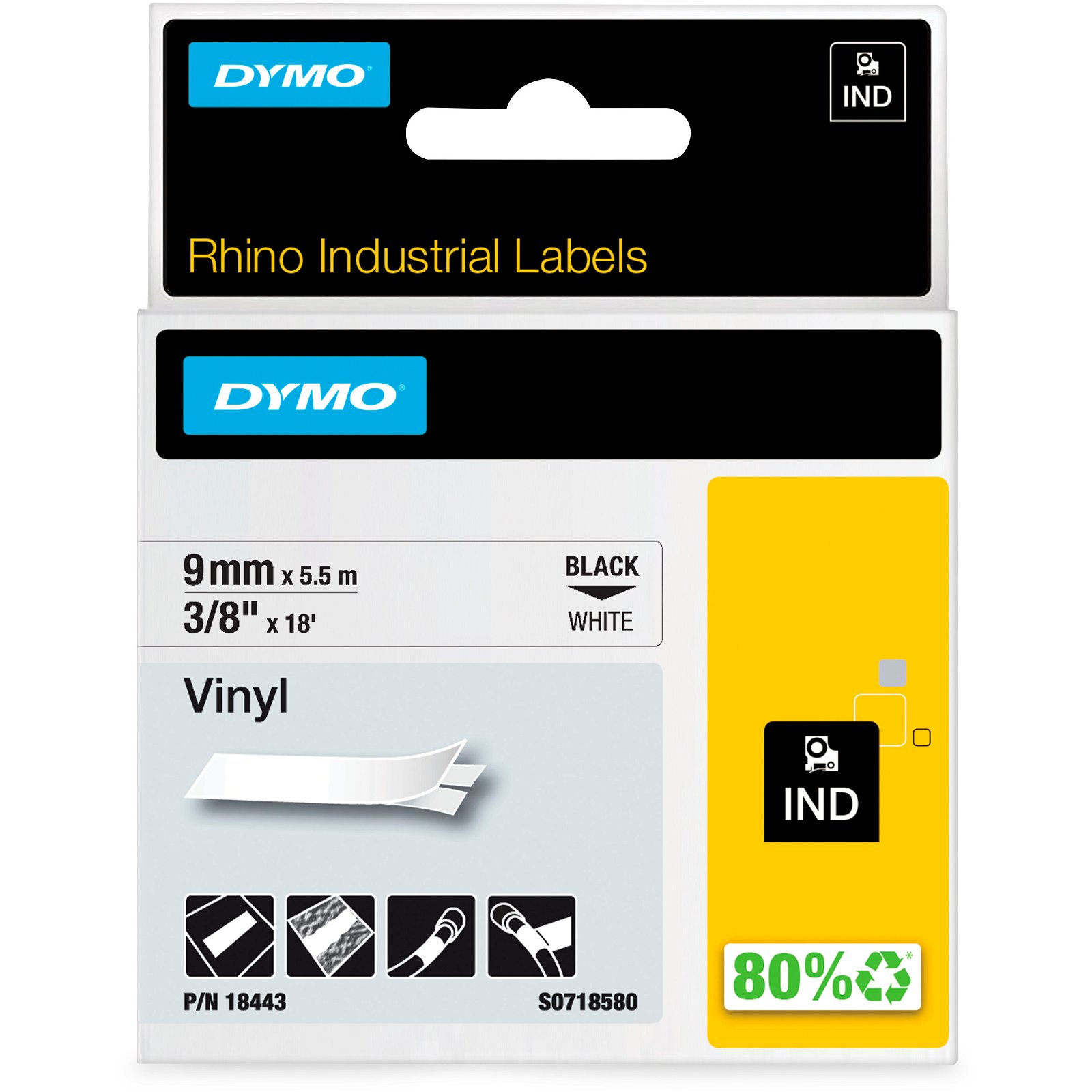 Dymo Rhino colored vinyl tape 18443 sort;hvid 9 mm x 5.5 m