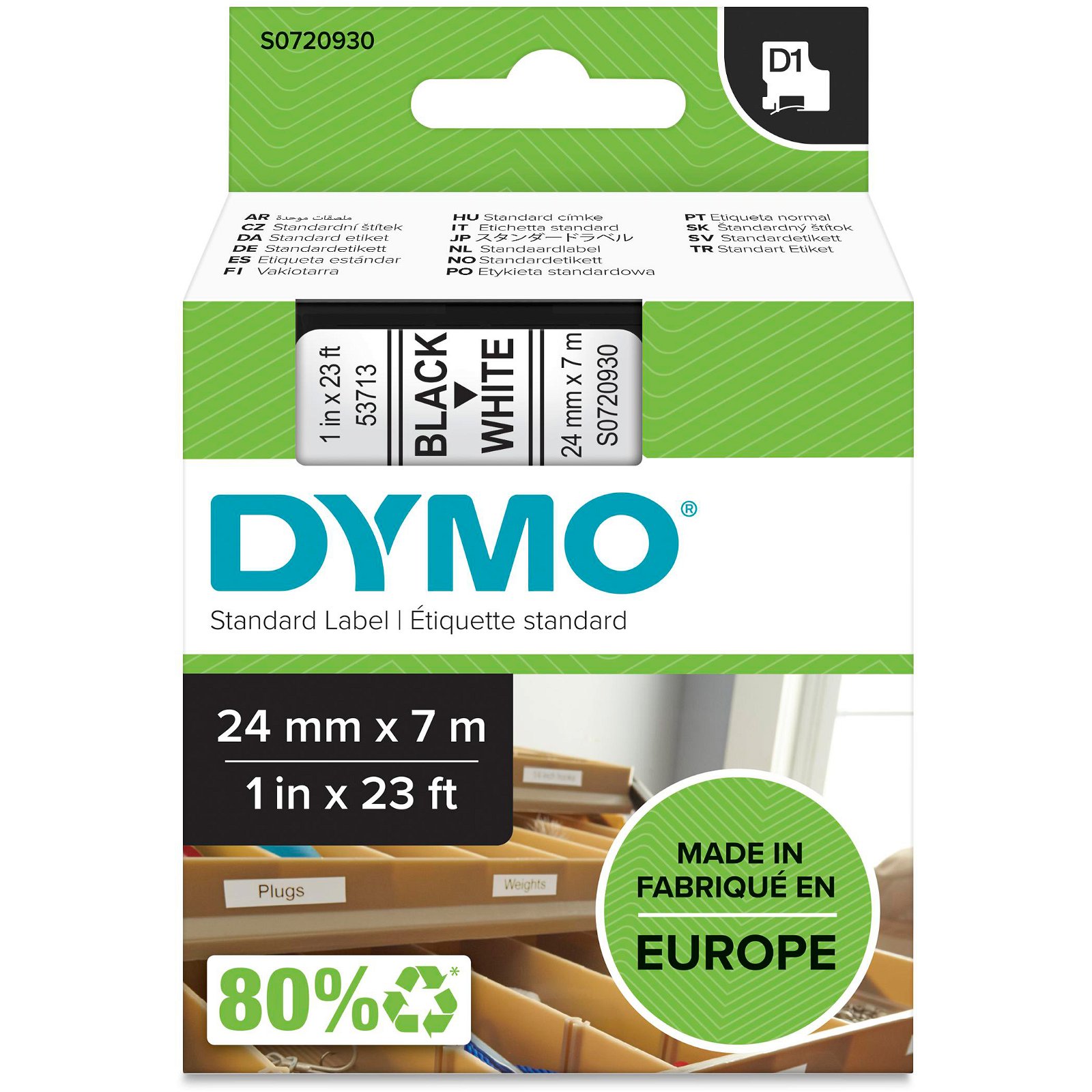 Dymo D1 standard tapekasette 24 mm sort;hvid Polyester