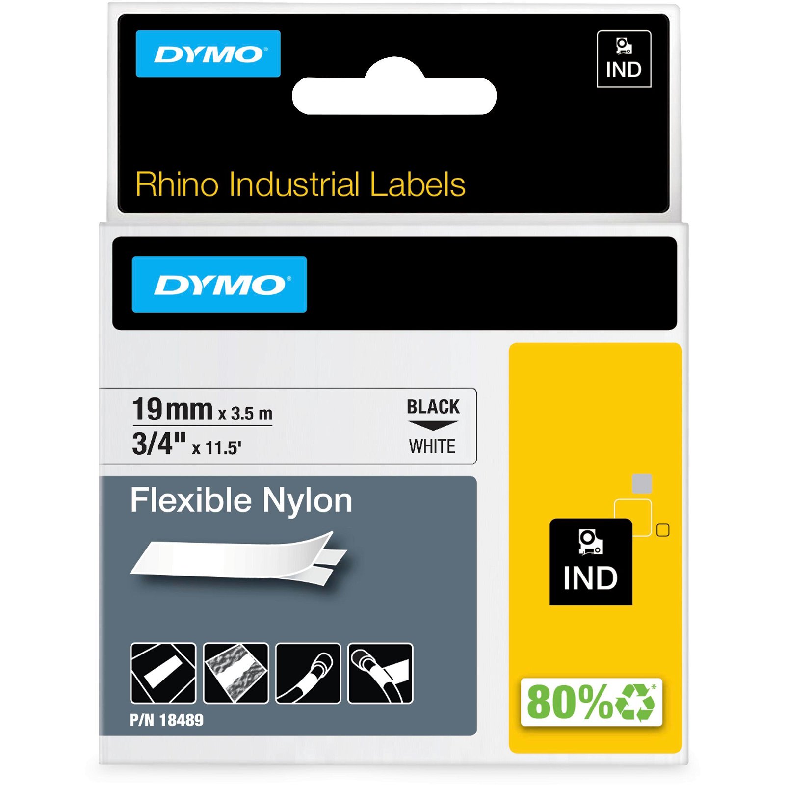 Dymo Rhino Flekibel nylon tape 18489 sort;hvid 19 mm x 3.5 m