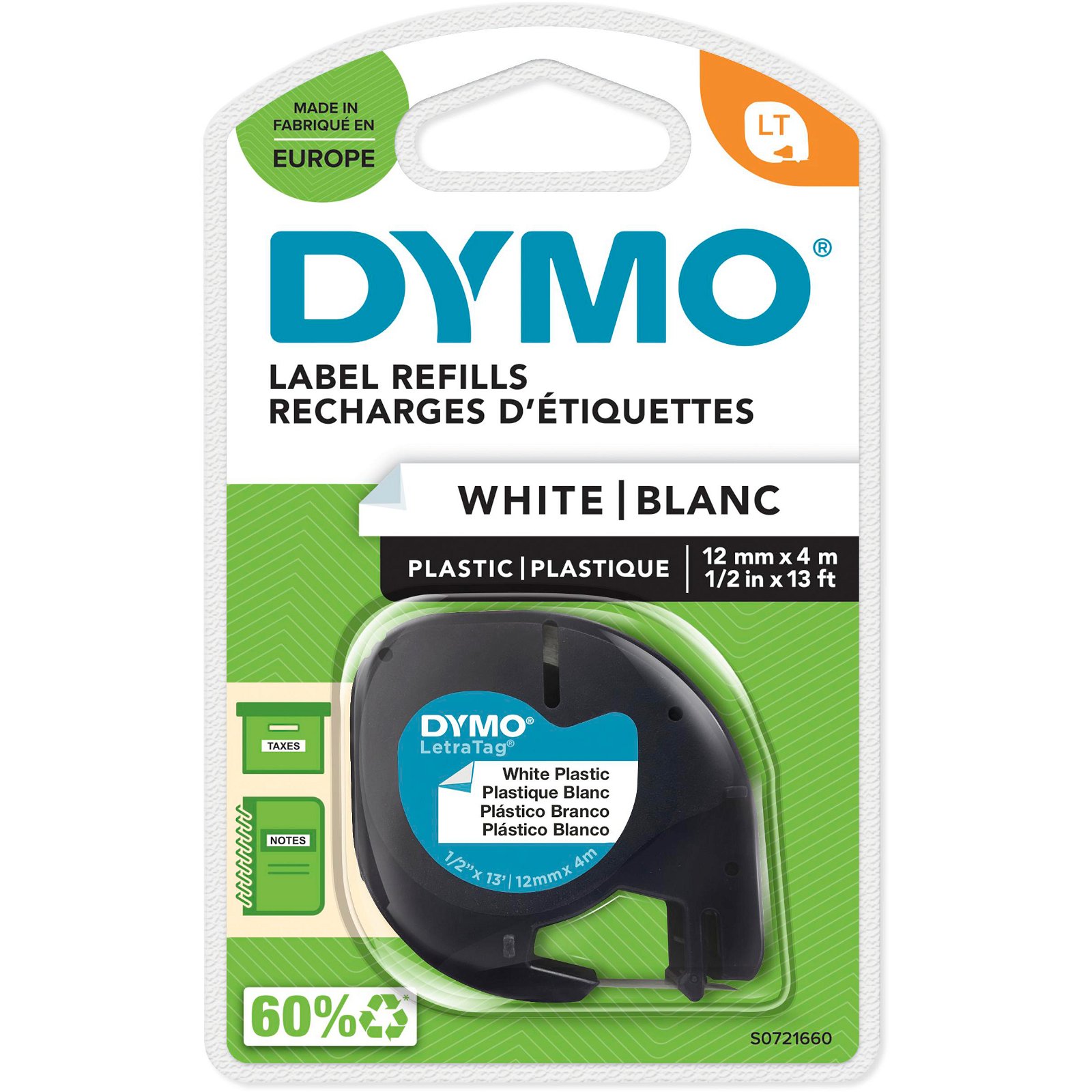 Dymo Letratag plasttape S0721660 sort;hvid 12 mm x 4 m