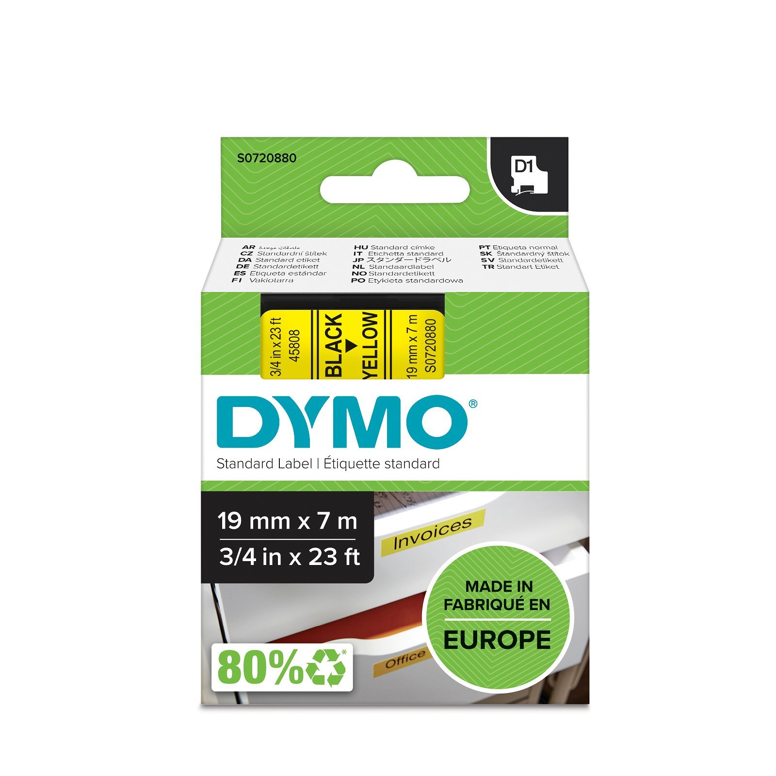 Dymo D1 standard tapekasette 19 mm sort;gul Polyester