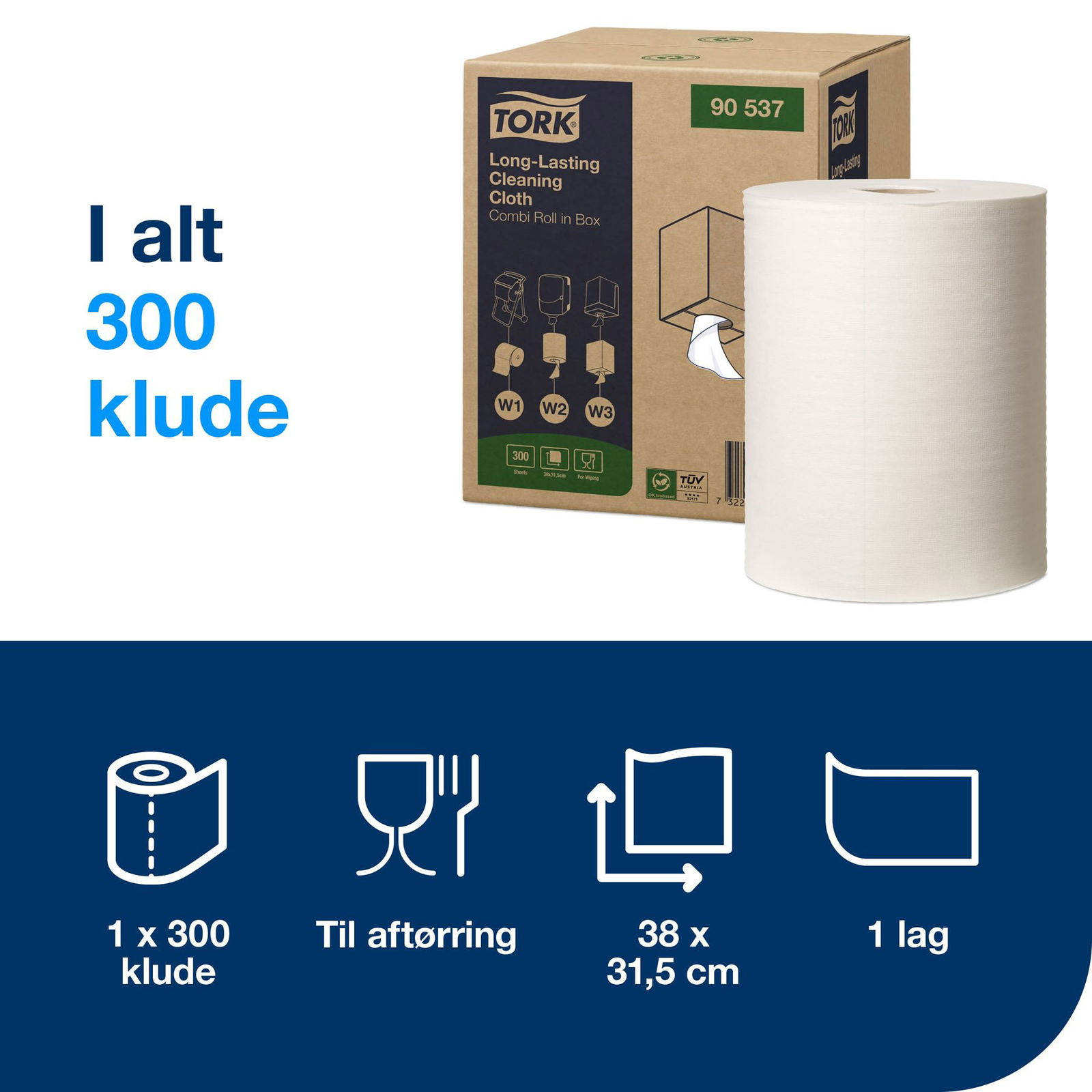 Tork 90537 Alt-i-en aftørringsklud 31,5cmx114m 1lags W1 hvid