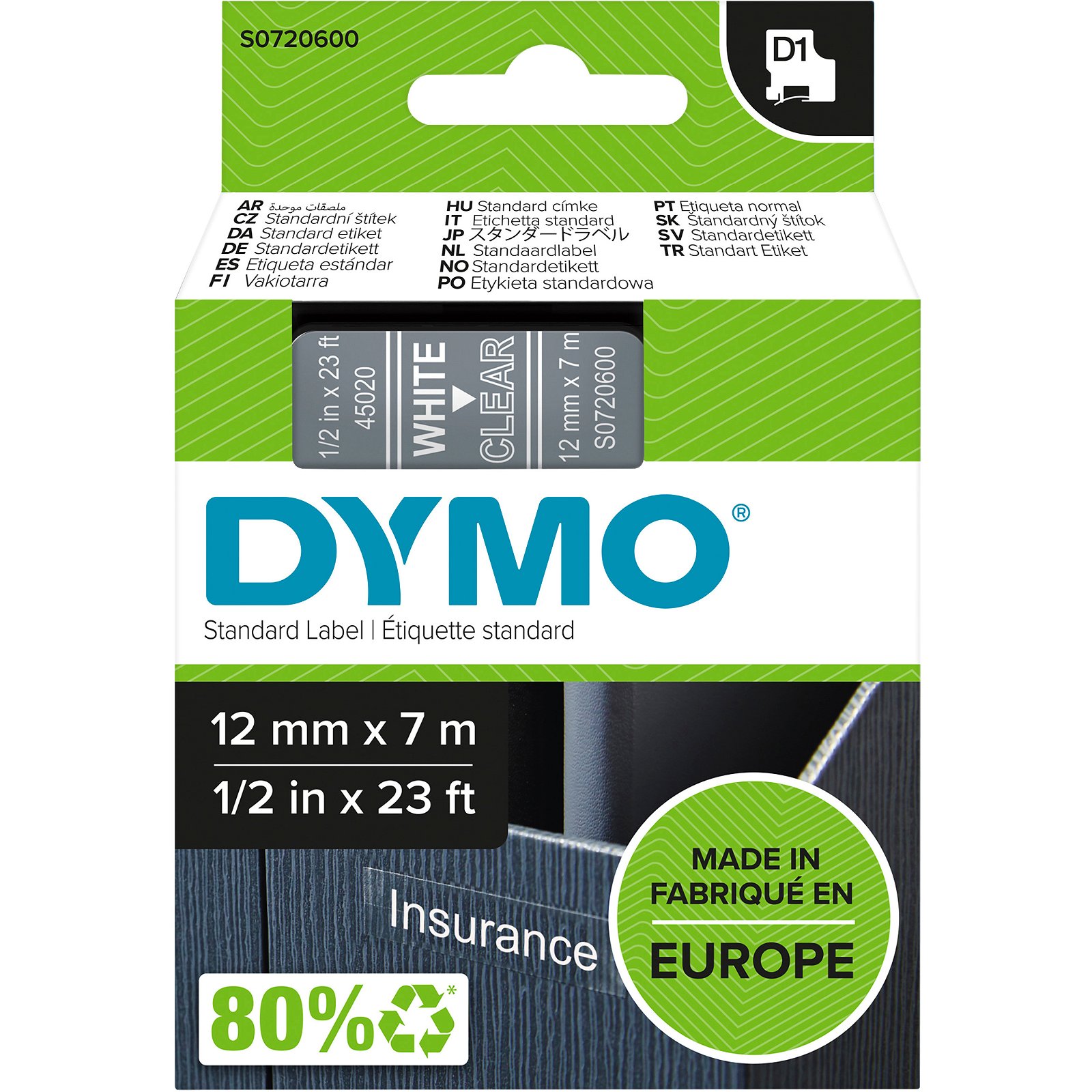 Dymo D1 standard tapekasette 12 mm hvid;klar Polyester