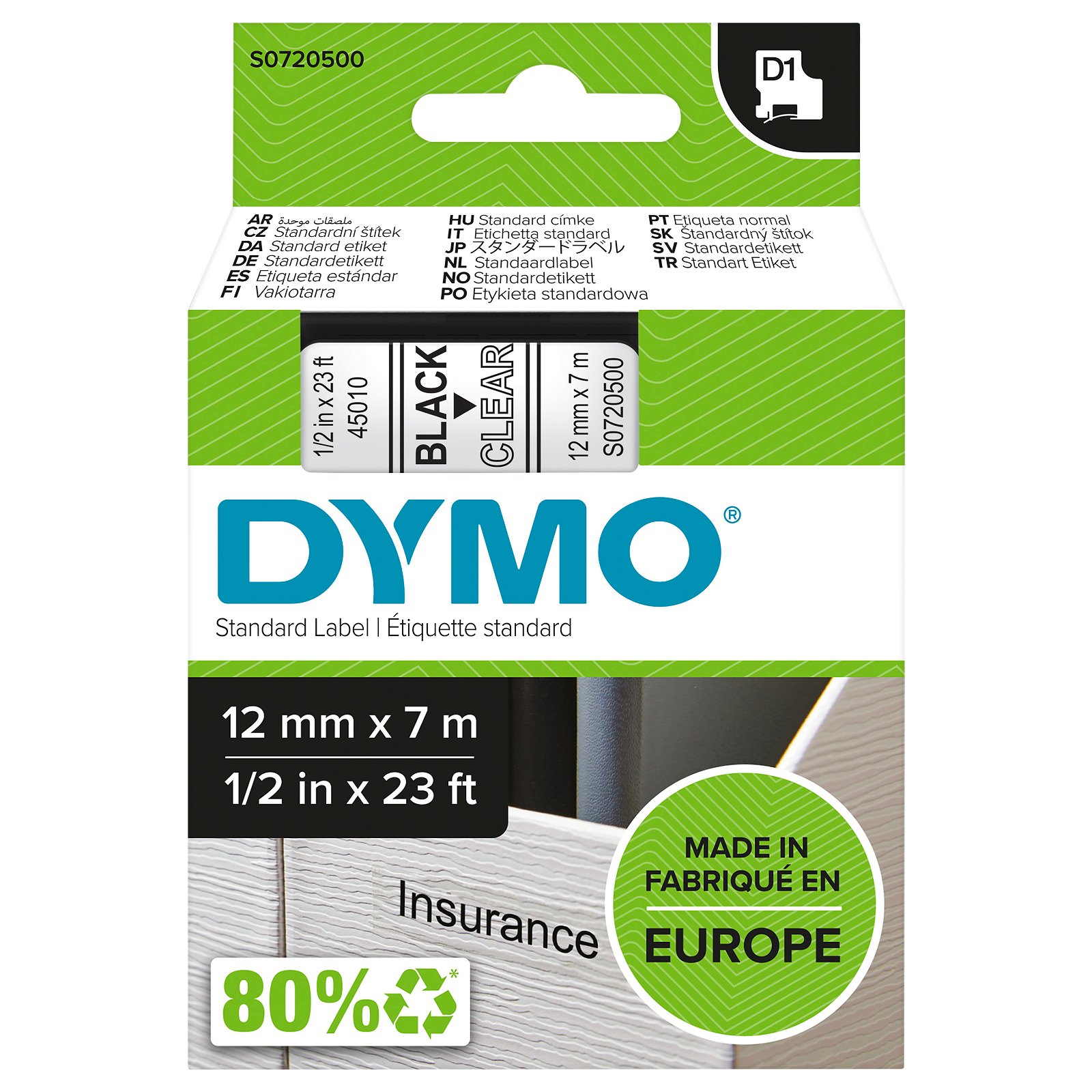 Dymo D1 standard tapekasette 12 mm sort;klar Polyester