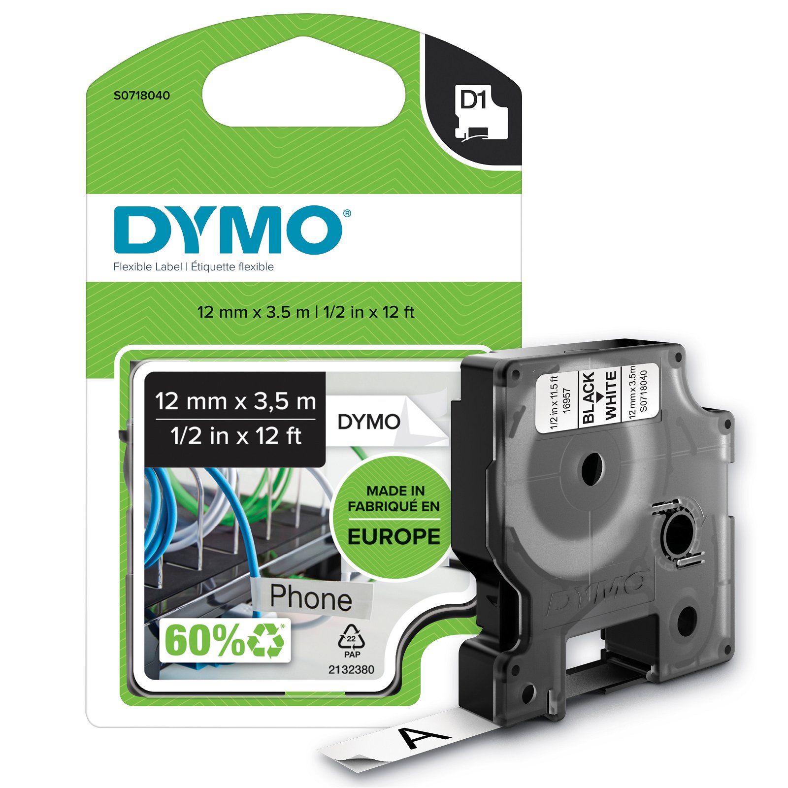 Dymo D1 Durable nylon tape S0718040 sort;hvid 12 mm x 3.5 m