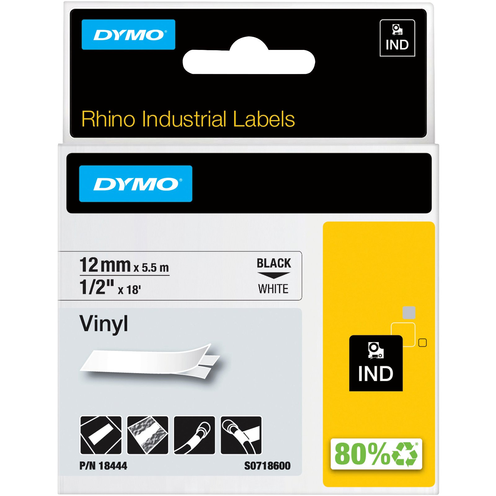 Dymo Rhino colored vinyl tape 18444 sort;hvid 12 mm x 3.5 m