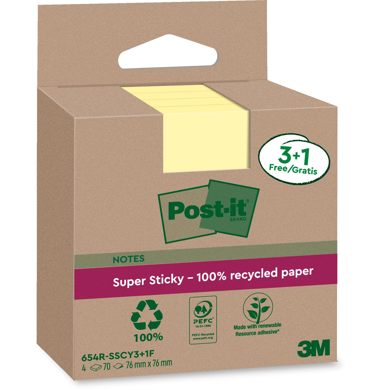 Post-it Super Sticky Recycled notesblok 76x76mm gul 4stk