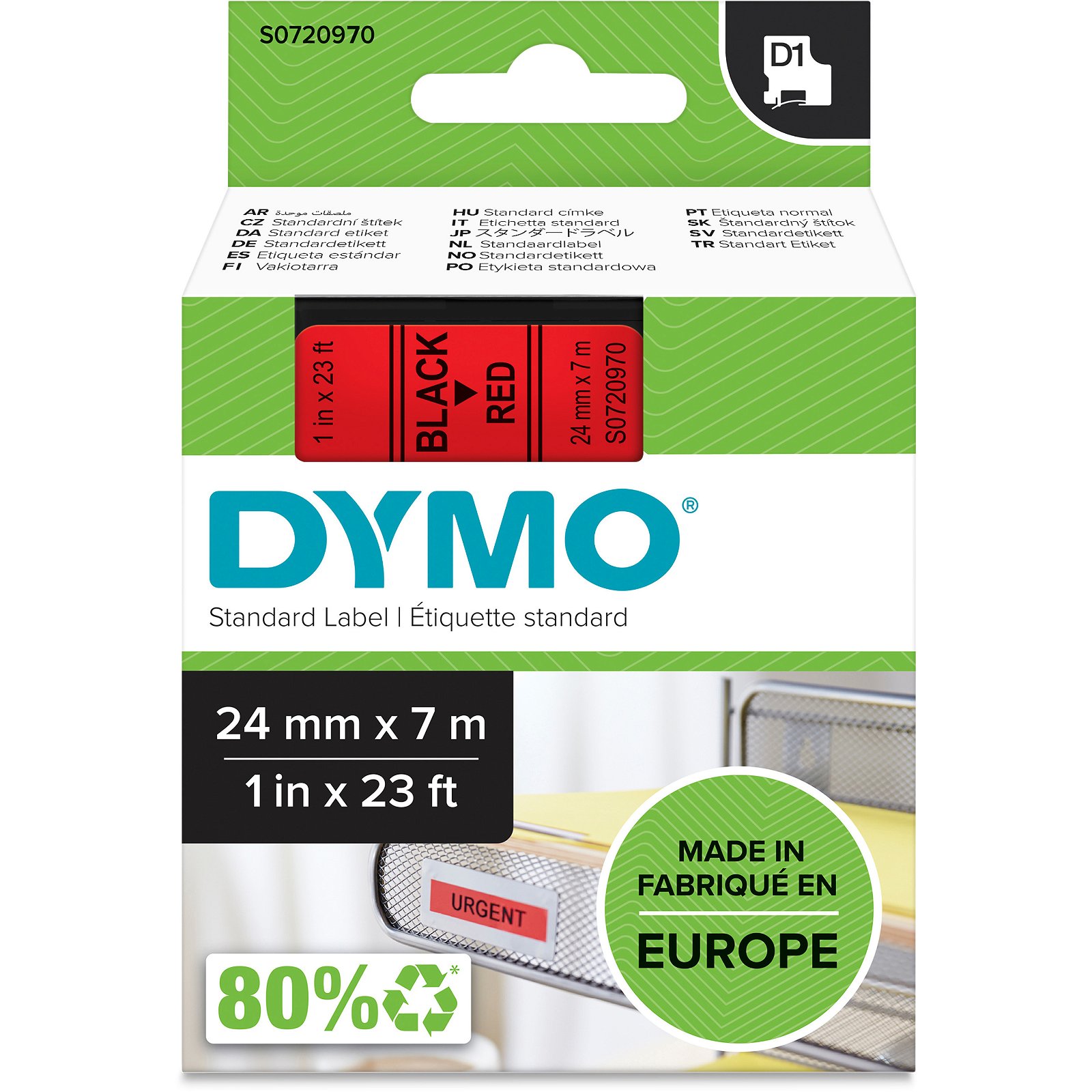 Dymo D1 standard tapekasette 24 mm sort;rod Polyester